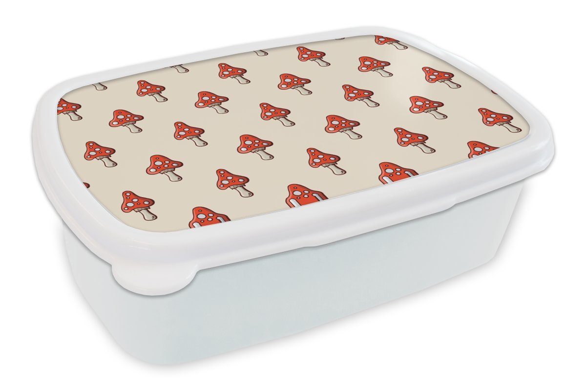 MuchoWow Lunchbox Muster - Herbst - Pilz - Rot, Kunststoff, (2-tlg), Brotbox für Kinder und Erwachsene, Brotdose, für Jungs und Mädchen weiß
