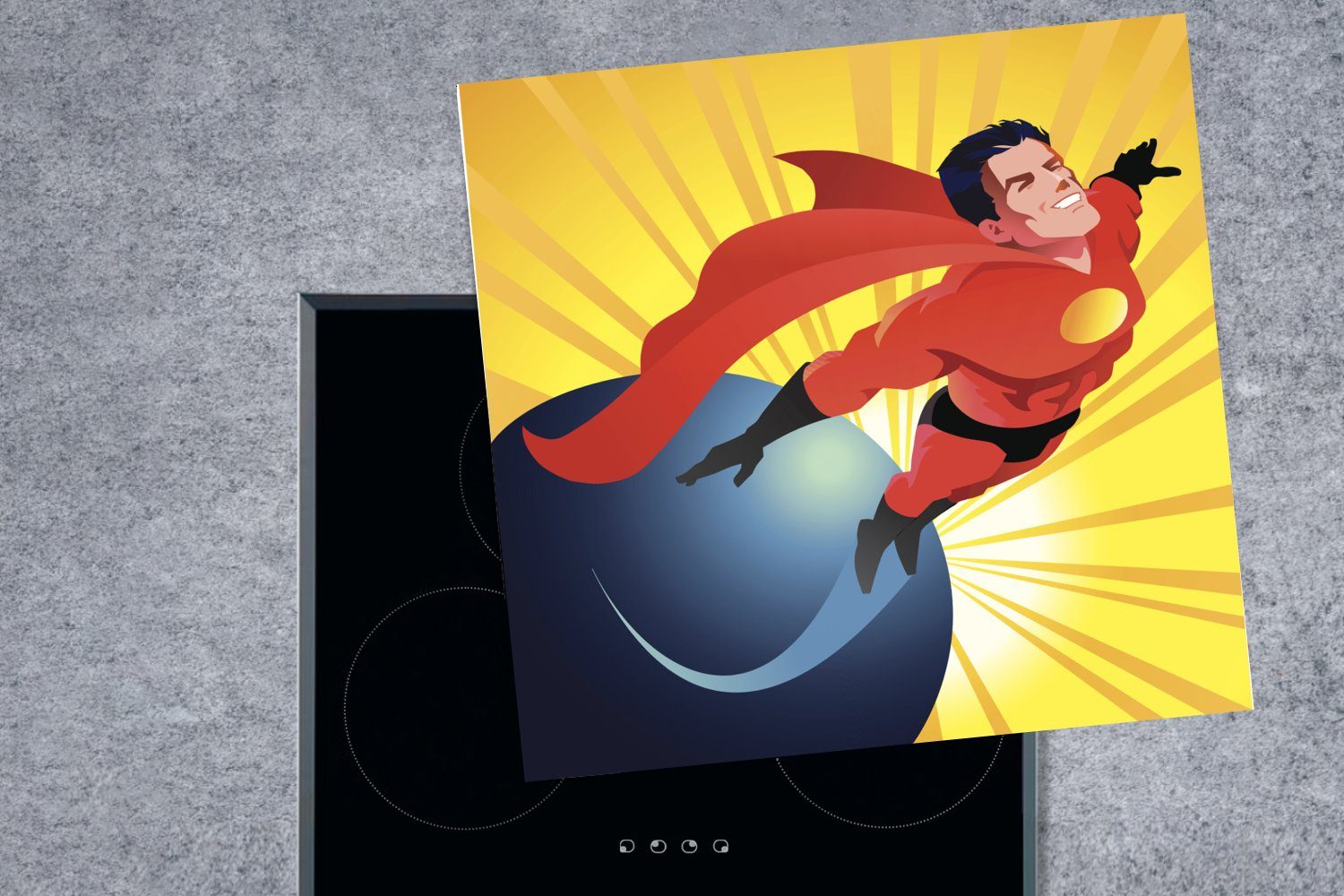 78x78 für Welt der fliegt cm, Eine Herdblende-/Abdeckplatte über küche Illustration Jungen, Vinyl, - MuchoWow tlg), die Superhelden, eines Arbeitsplatte Ceranfeldabdeckung, (1