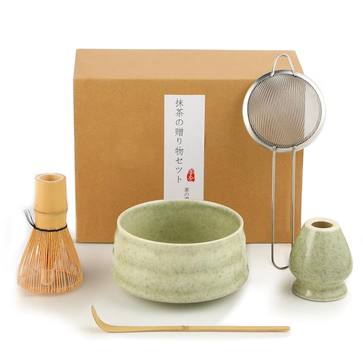 DOPWii Teeservice 5-teiliges Matcha-Besen-Set mit Matcha-Schale,Chasen-Halter,Chasen, Einsteiger-Matcha-Set aus Keramik, Teestube, Yogastudio