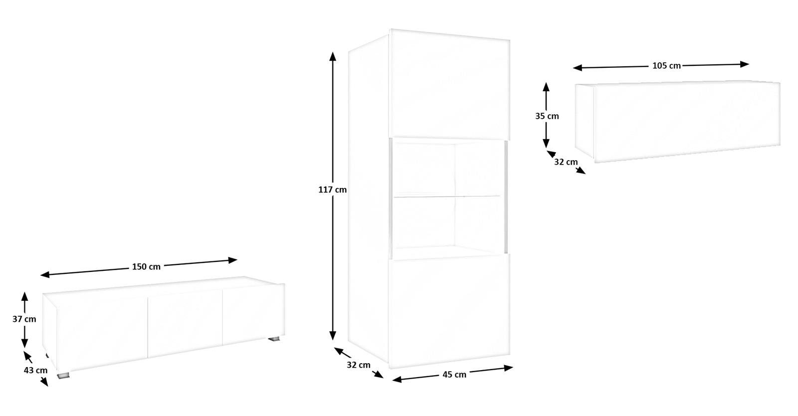 Beautysofa Wohnwand Weiß V, stehend TV-Schränke), inklusive Regal Calabrini mit LED mit mit oder (hängend montierbar, 3x Glastüren, Vitrine und 2x und ohne
