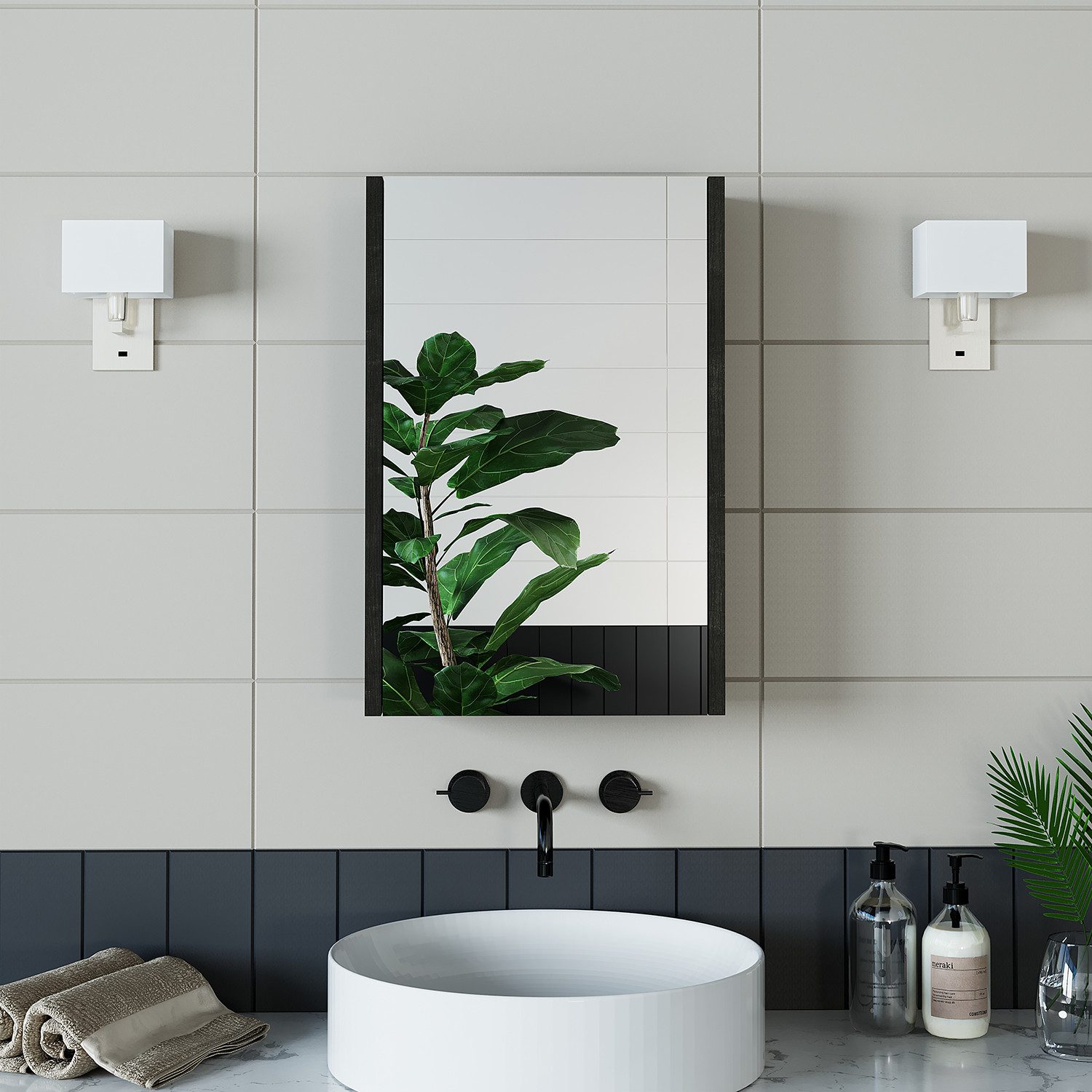 Roomart Badmöbel-Set MINI 50 hängend, 25 cm tief, Soft-Close, Keramikbecken in 5 Farben, (Komplett-Set für Badezimmer, Gäste WC, Unterschrank mit Waschbecken, Seitenschrank, Spiegelschrank), Soft-Close, Wandmontage, Keramikbecken inkl., 5 Farben, 25 cm tief