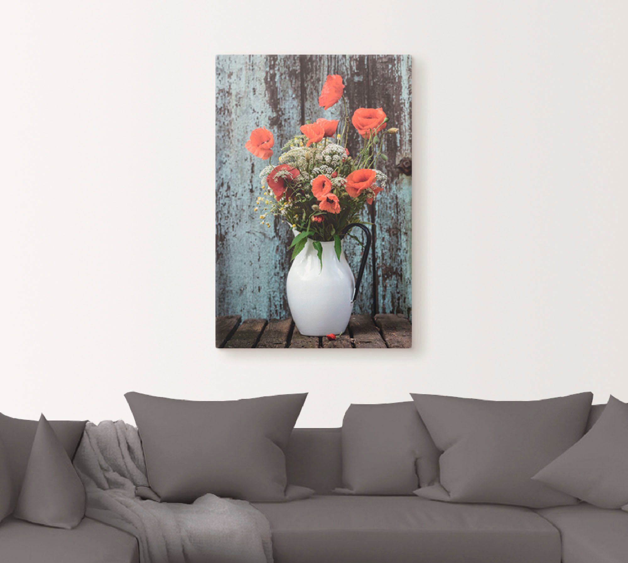 Artland Leinwandbild Krug mit Mohnblumen, Blumen (1 St), auf Holzrahmen gespannt