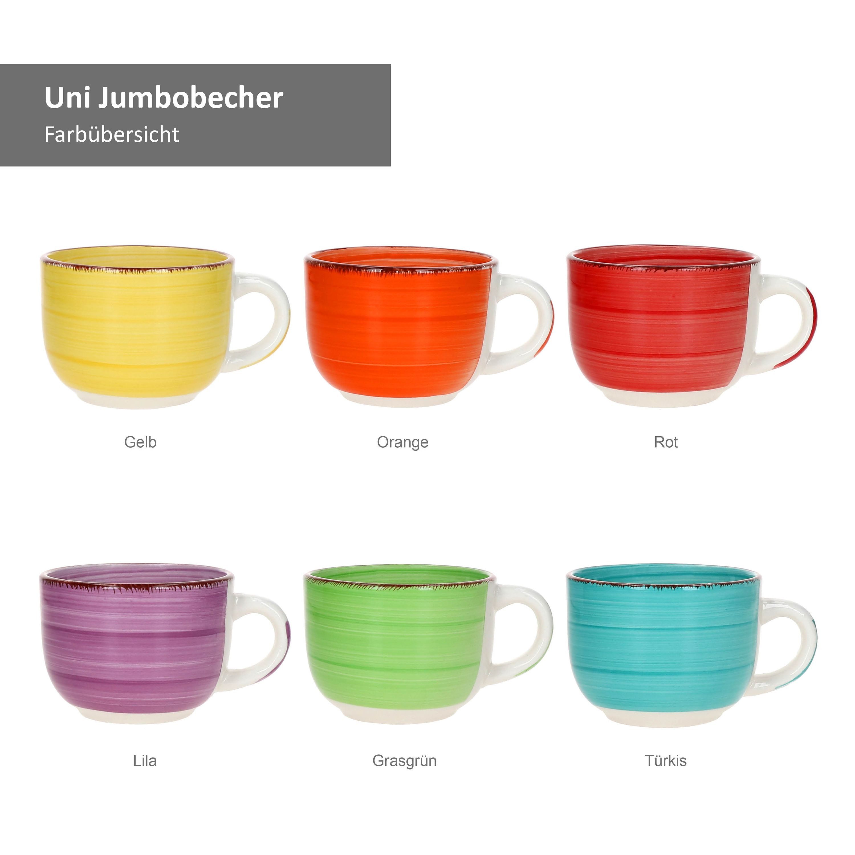 MamboCat Becher 6er Set Uni Jumbotasse 400ml 6 Personen bunte XL-Becher Kakao Kaffee, Steingut – Bild 5 von 5
