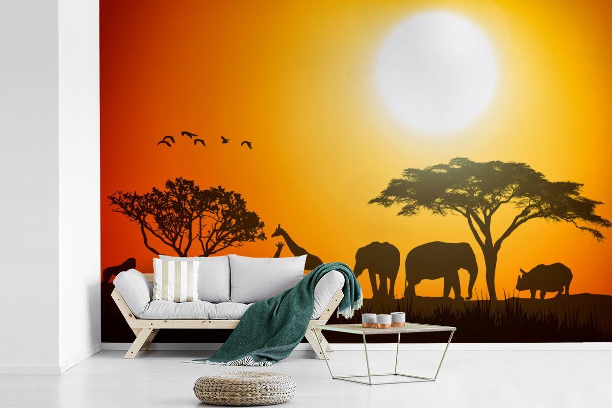 Wohnzimmer, Tapete Schlafzimmer, Vinyl bedruckt, Tiere St), Wallpaper Fototapete Afrika, (6 Kinderzimmer, - MuchoWow - Elefant Wilde Matt, für