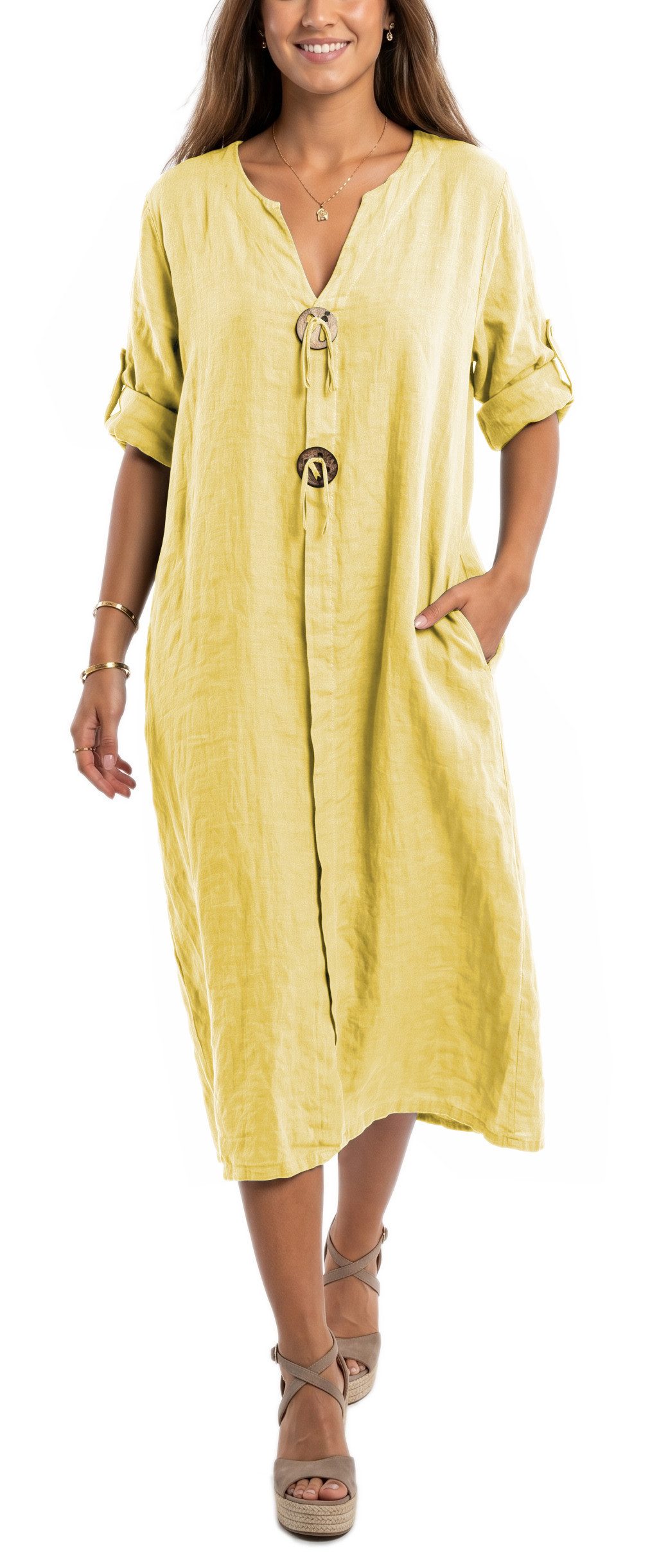 dy_mode Hemdblusenkleid Damen Leinenkleid Midi Hemdblusenkleid mit V-Ausschnitt Freizeitkleid in Unifarbe, V-Ausschnitt, mit seitlichen Eingriffstaschen