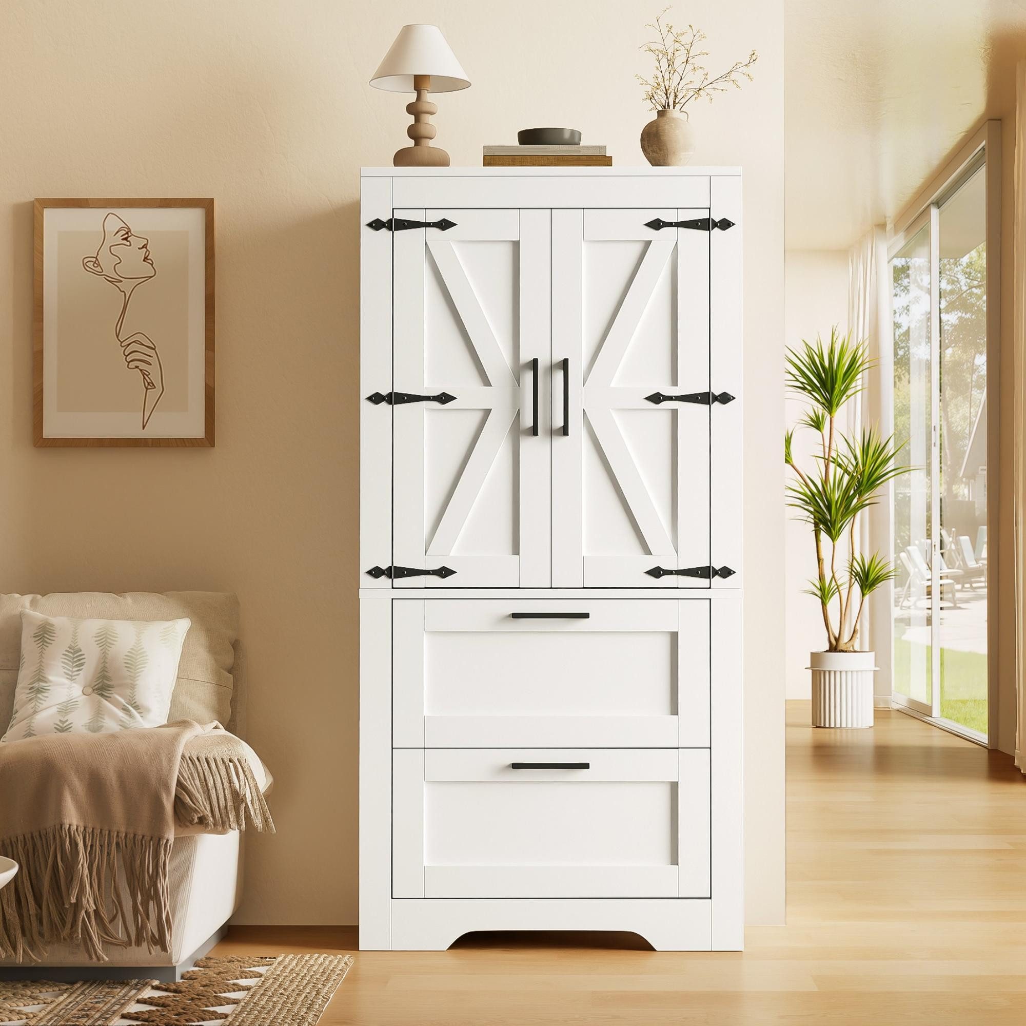 Flieks Hochschrank Küchenschrank Landhausstil, 2 Schubladen & verstellbaren Einlegeböden (60x30x128 cm, 1-St) multifunktionaler Mehrzweckschrank Scheunen-Design Weiß