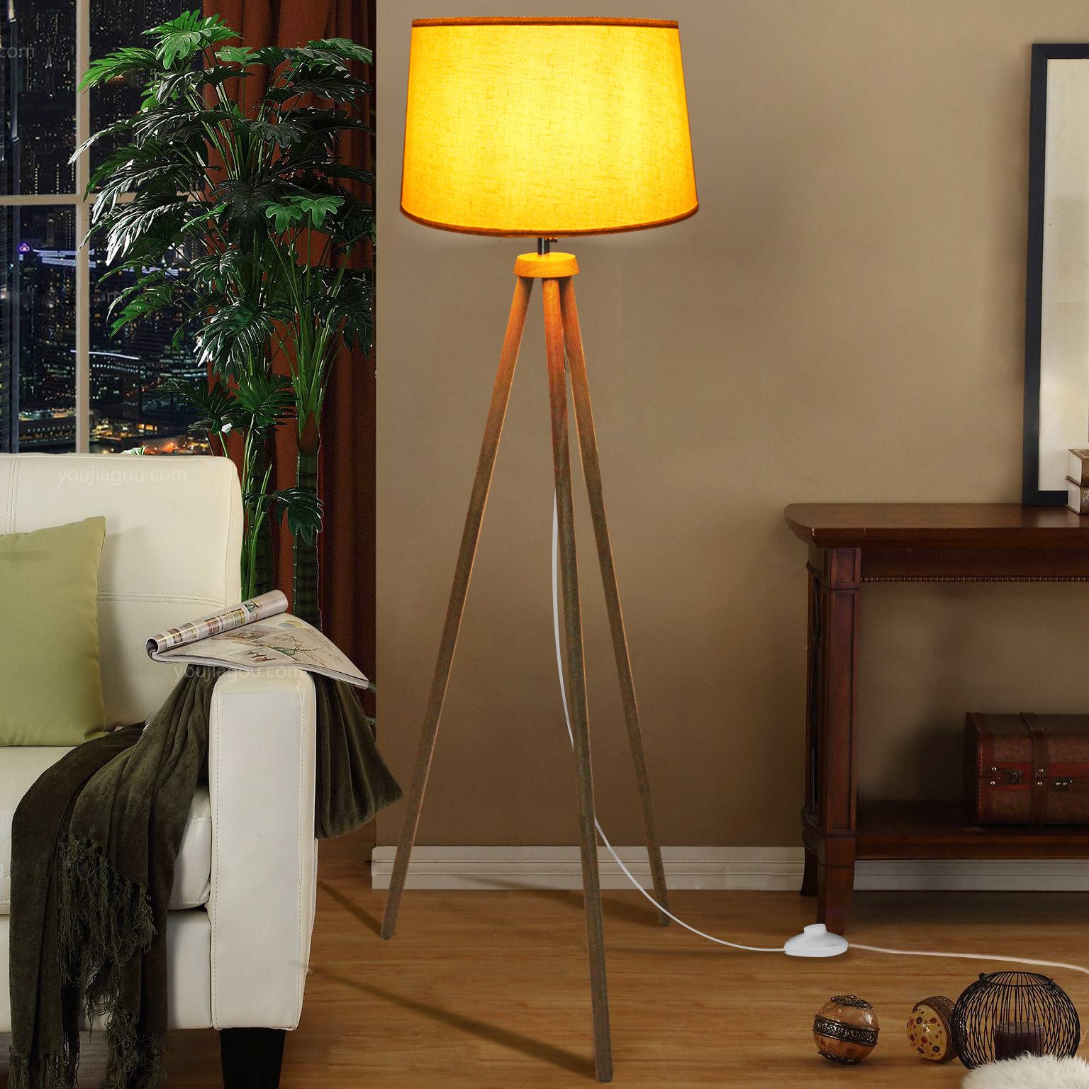 CCLIFE Bogenlampen Modern Stehlampe LED Holz Standleuchte Stehleuchte Stoffschirm E27