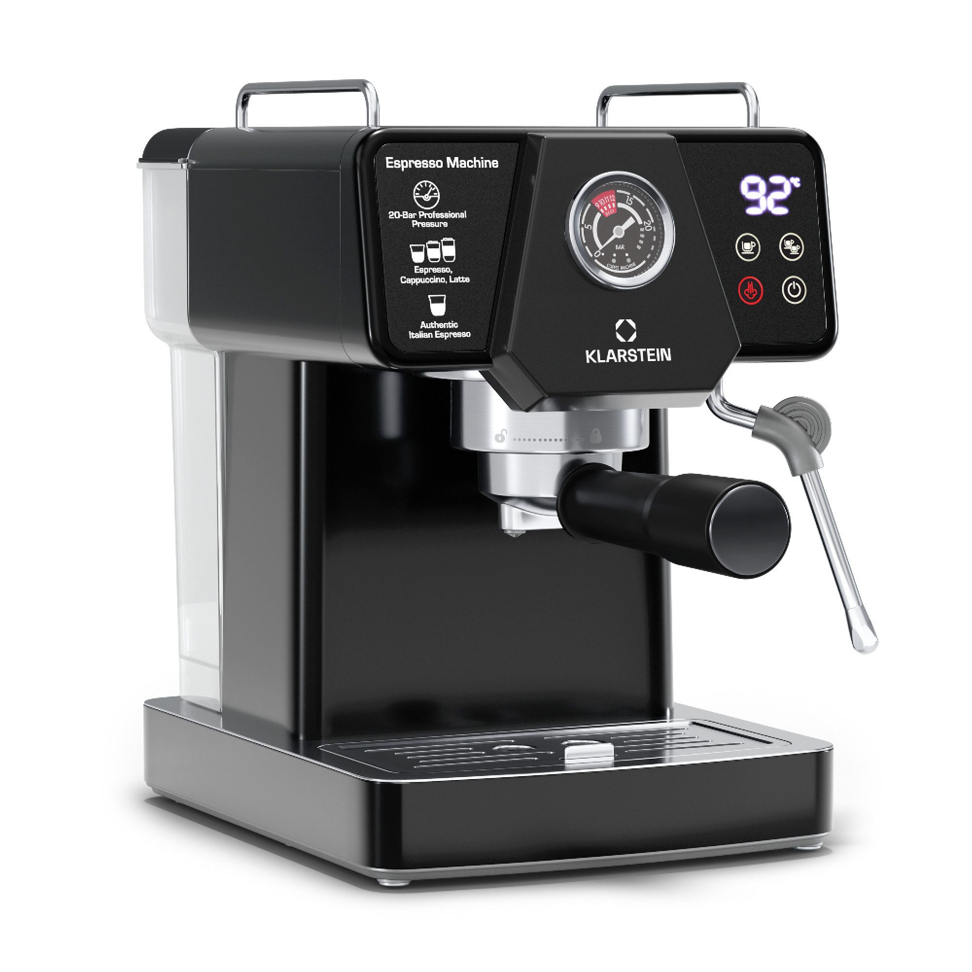 Klarstein Filterkaffeemaschine, 1.8l Kaffeekanne, Edelstahl-Siebträger, Elektrisch 19 Bar Espressomaschine Kaffemaschine Touch