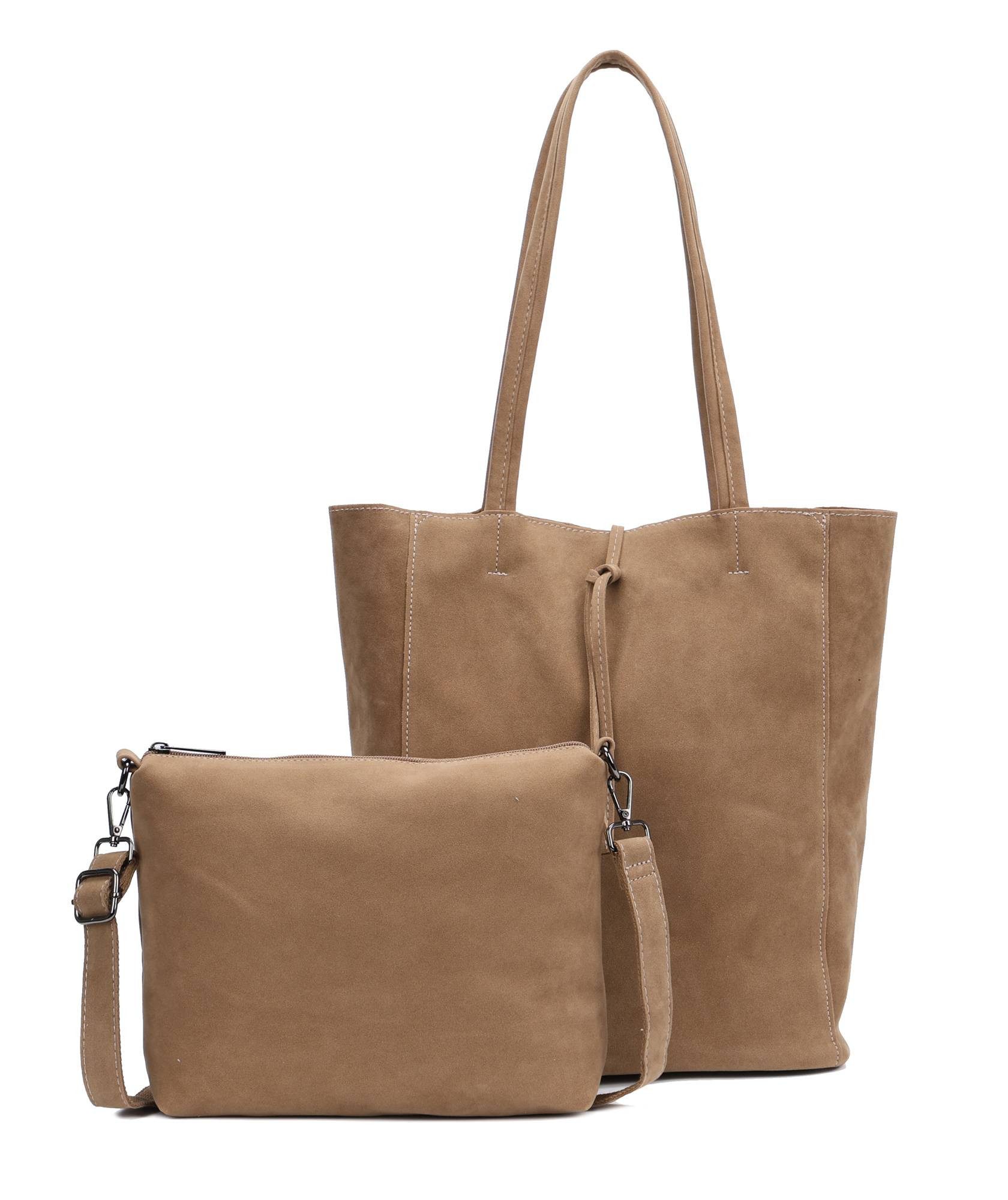 ITALYSHOP24 Schultertasche SET 2in1 Damen Tasche Umhängetasche XXL Hand-Tasche Shopper Tote Bag, Crossbody Reisetasche Henkeltasche Workbag Veganes Wildleder CrossOver