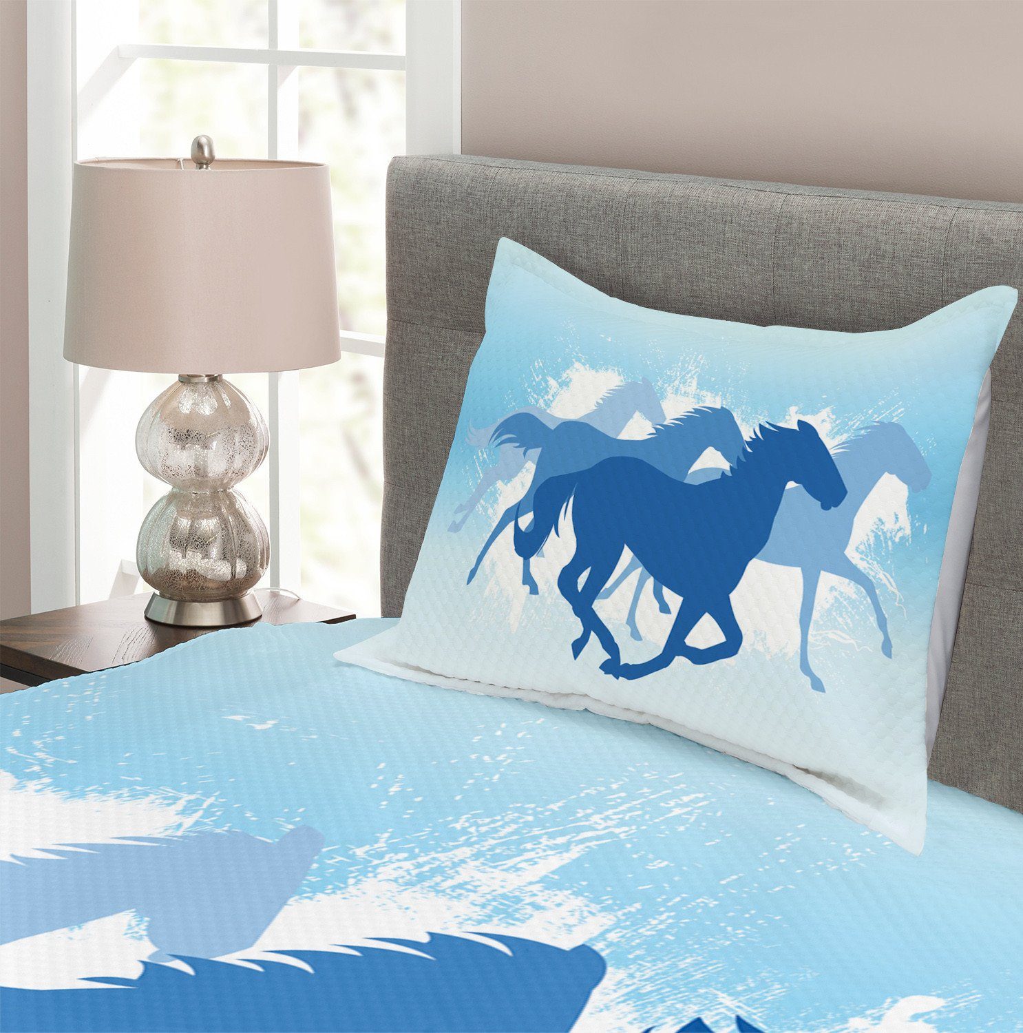 Töne Set Blaue Pferde Kissenbezügen Waschbar, mit Tier Abakuhaus, Tagesdecke Galoppierende