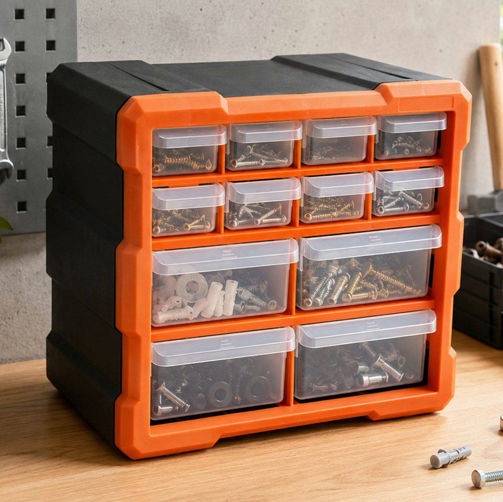 Haushalt International Sortimentskasten Werkzeugkasten Ordnundssystem 12 Fächer 26x26x16cm (Stück, 1 St., Packung), 8 kleine Fächer, Kunststoff, 4 große Fächer, mit Trennern