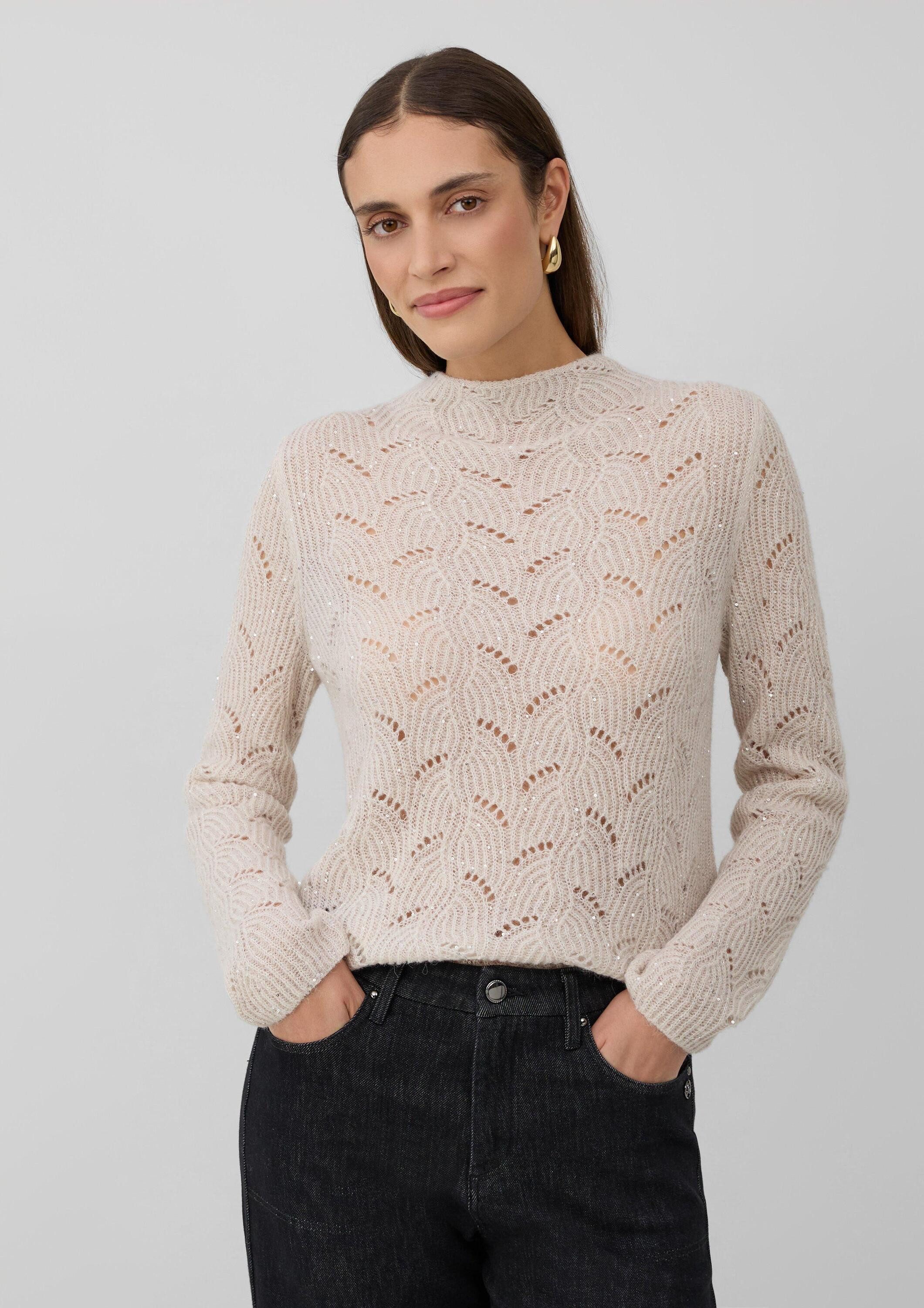 s.Oliver Longpullover Strickpullover Semitransparenter Pullover mit Ajourmuster und Pailletten-Details
