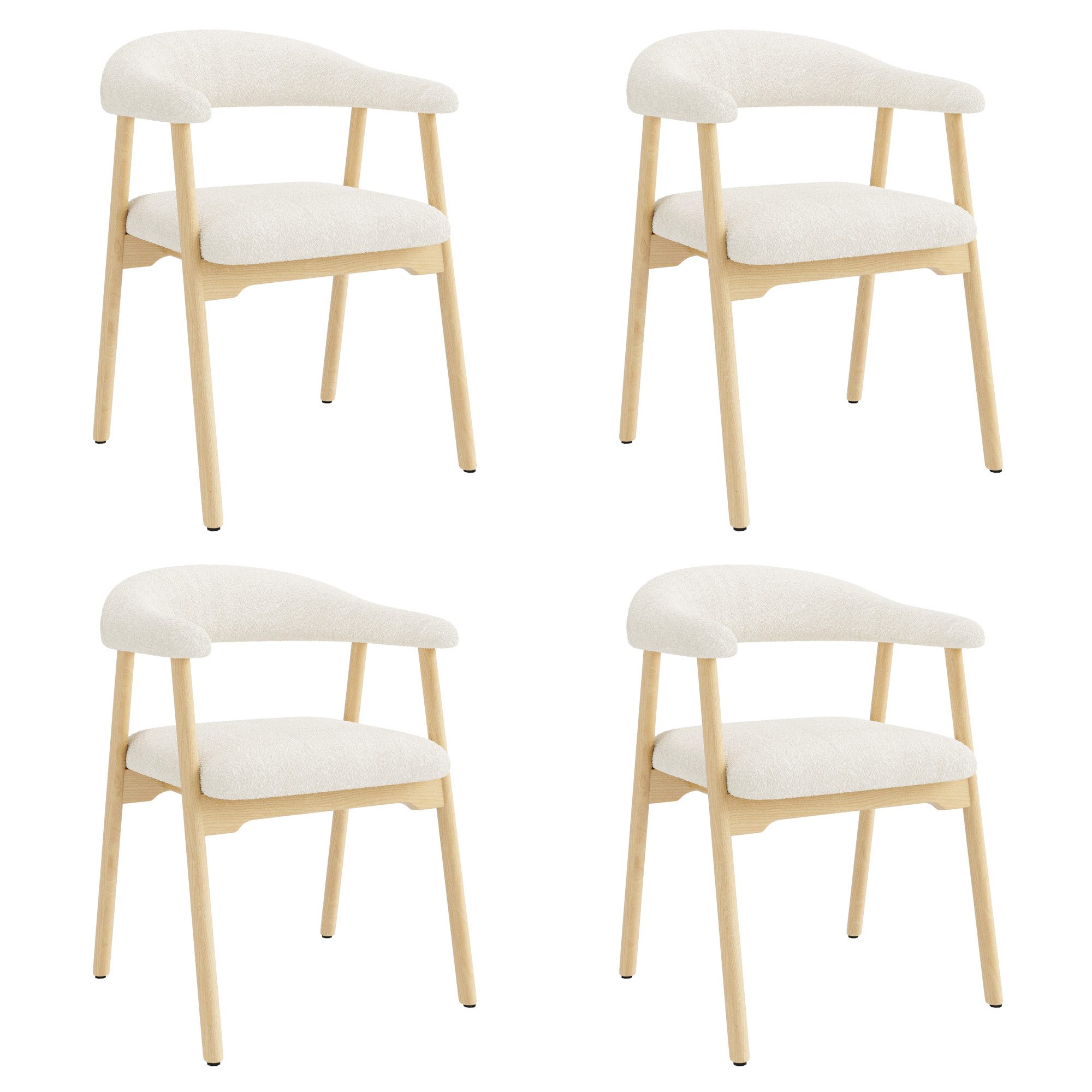 Flieks Esszimmerstuhl Gestell aus Massivholz, Bezug aus Bouclé-Stoff (Set, 4 St), 4er Set Polsterstühle Armlehnstuhl Wohnzimmerstuhl Beige & Natur