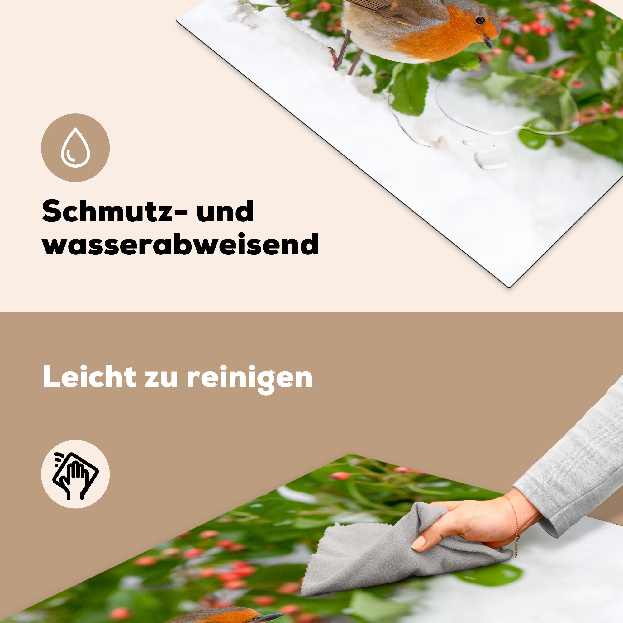Pflanze, Rotkehlchen die Ceranfeldabdeckung Schnee - tlg), MuchoWow 81x52 cm, Vinyl, (1 für Induktionskochfeld Herdblende-/Abdeckplatte Schutz küche, -