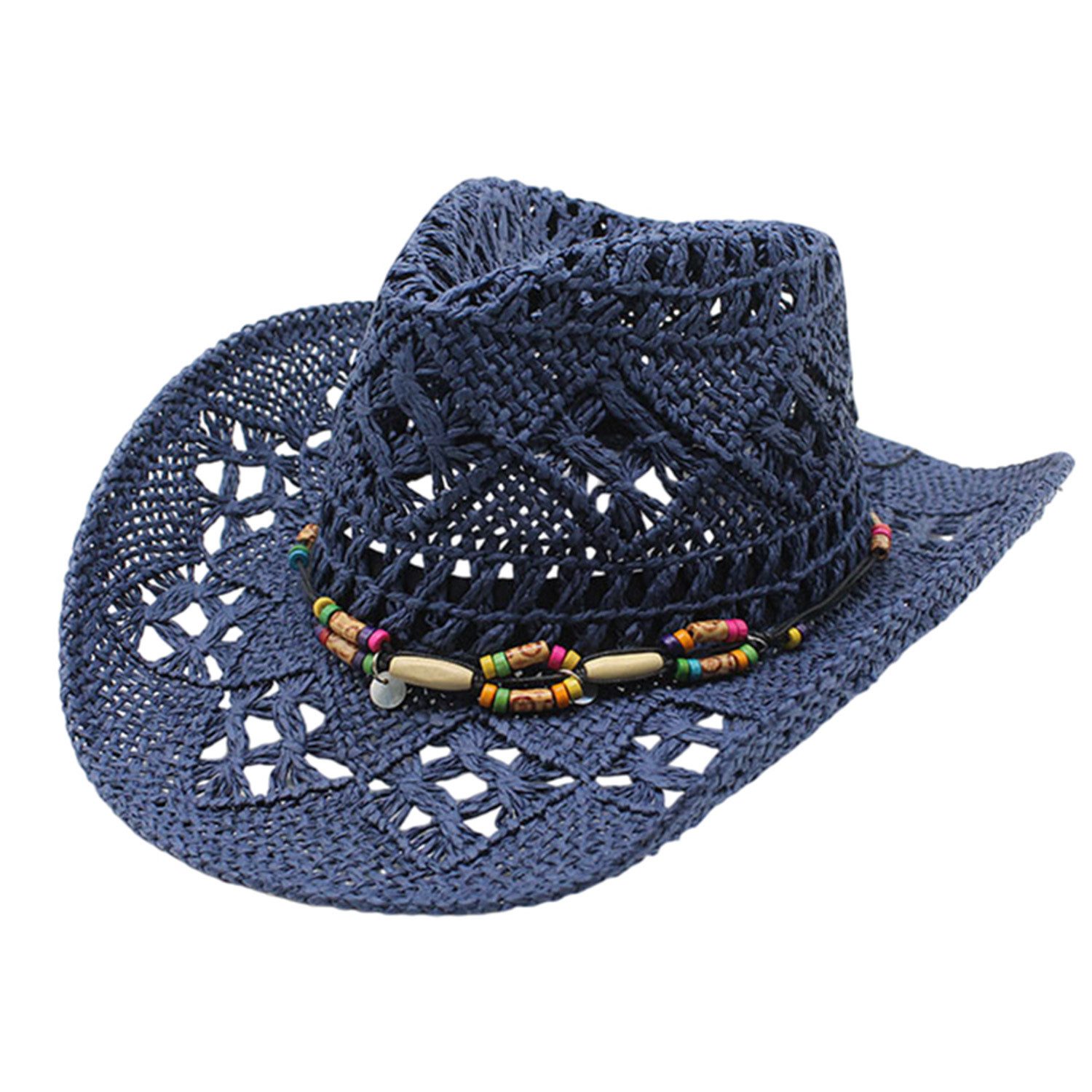 Refttenw Strohhut Damen Sommer Ausgehöhlter Strandhut Herren Sonnenhut Cowboy Hut Breite Krempe, mit Perlenband, für Reisen
