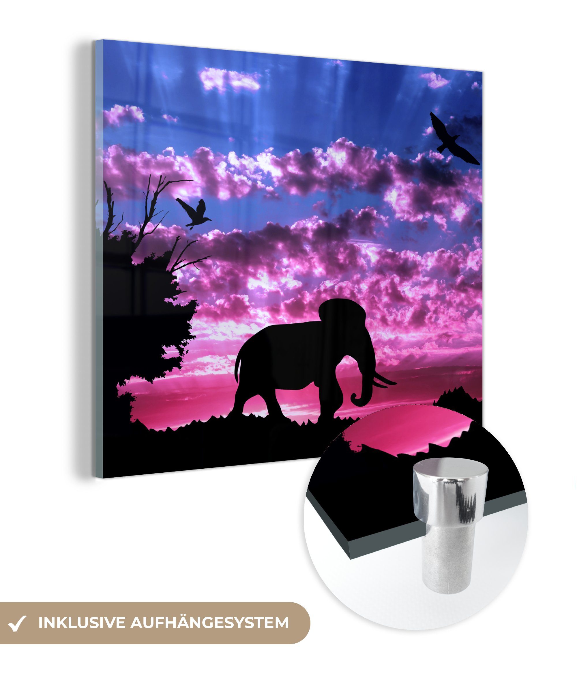 MuchoWow Acrylglasbild Elefant - Baum - Berg, (1 St), Glasbilder - Bilder auf Glas Wandbild - Foto auf Glas - Wanddekoration