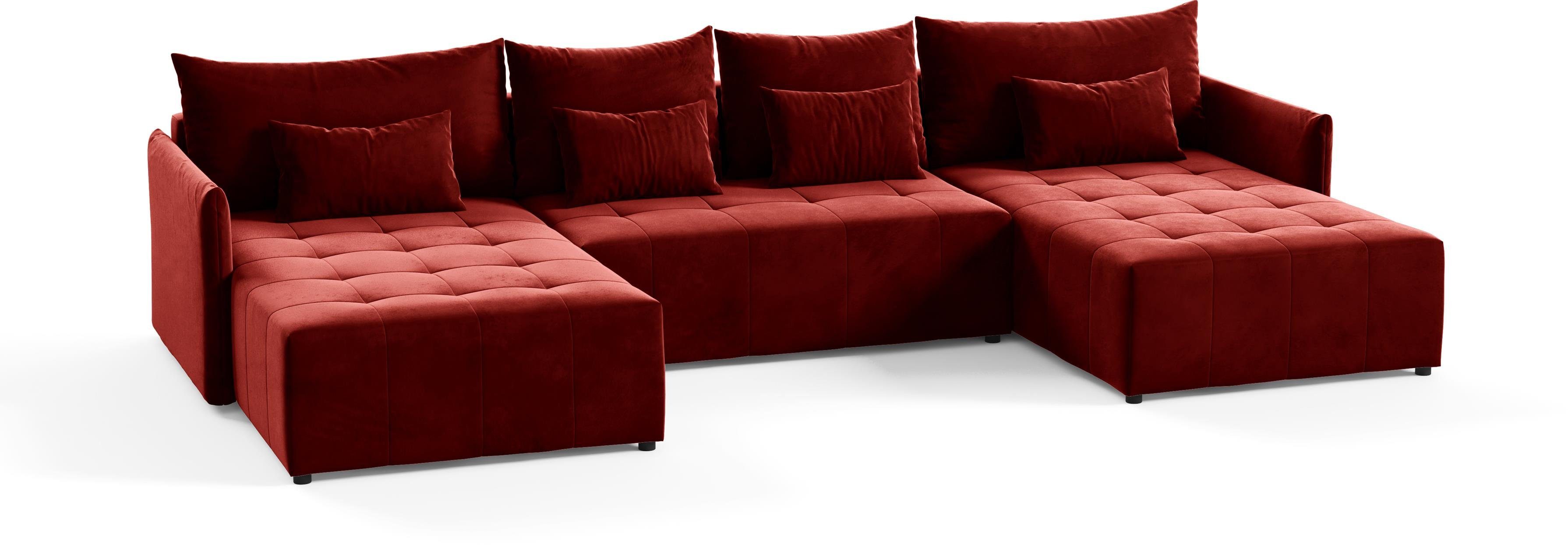 rot Sofa aus Ecksofa NAPOLI mit Schlaffunktion Compleo U-Form, Ecksofa Velourstoff