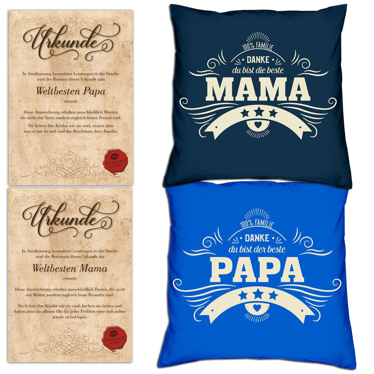 Urkunden, Soreso® Danke navy-blau Weihnachtsgeschenk mit für Dekokissen Papa Eltern Mama Danke Kissen-Set