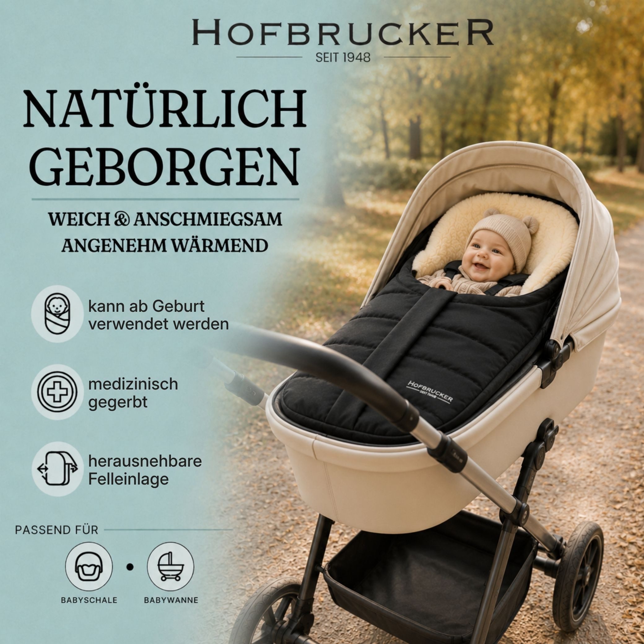 Hofbrucker seit 1948 Fußsack Lammfell-Fußsäckchen Leni für Babyschale und Kinderwagen, warmer Winterfußsack mit echtem Lammfell wind- und wasserabweisend – Bild 5 von 5