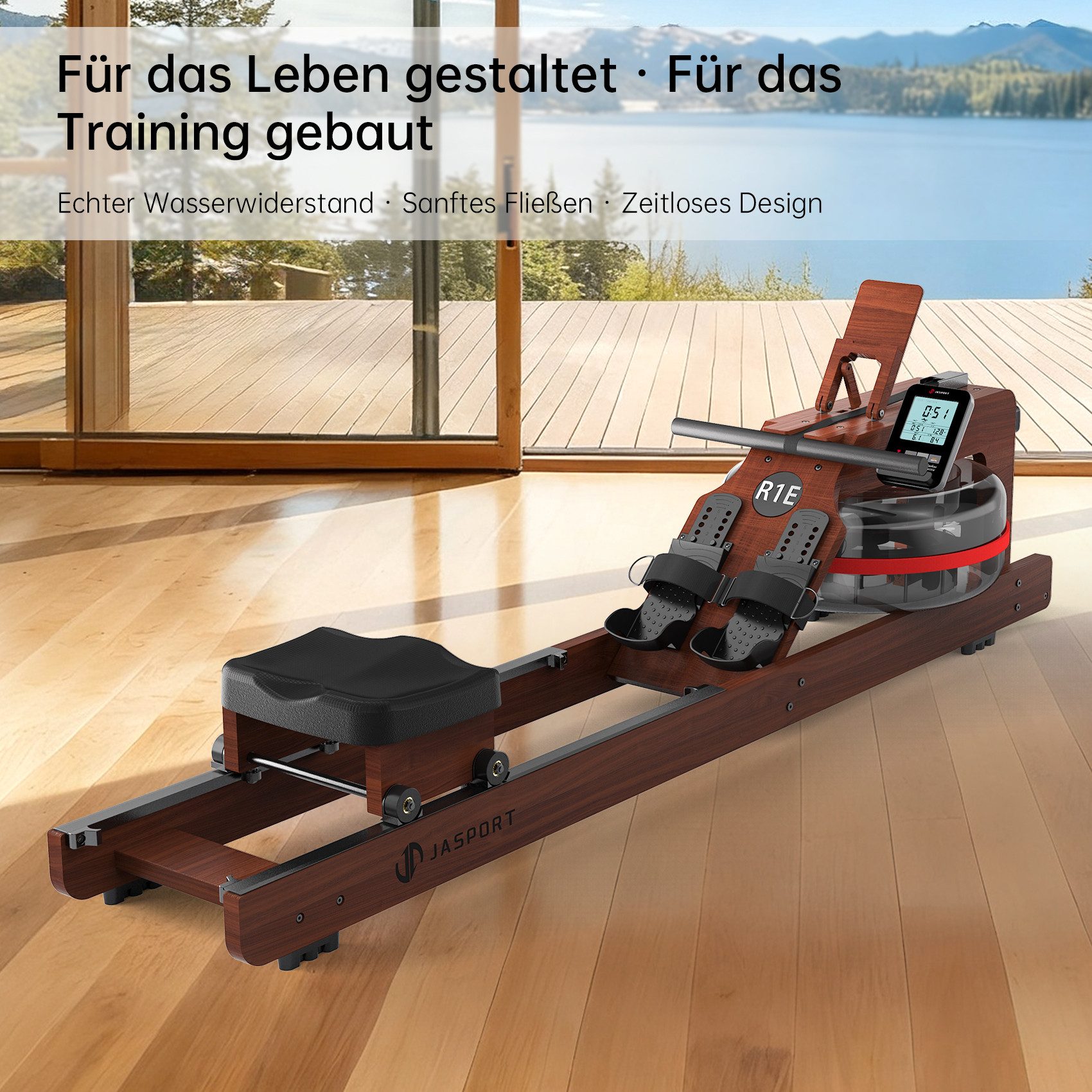 JASPORT Rudergerät R1 / R1E Wasserrudergerät für Zuhause – Holz & Eiche Design (Rudergerät, Wassertank, Trainingscomputer, Bedienungsanleitung), 28L Wassertank mit 12-Blatt-System, realistischer Wasserwiderstand