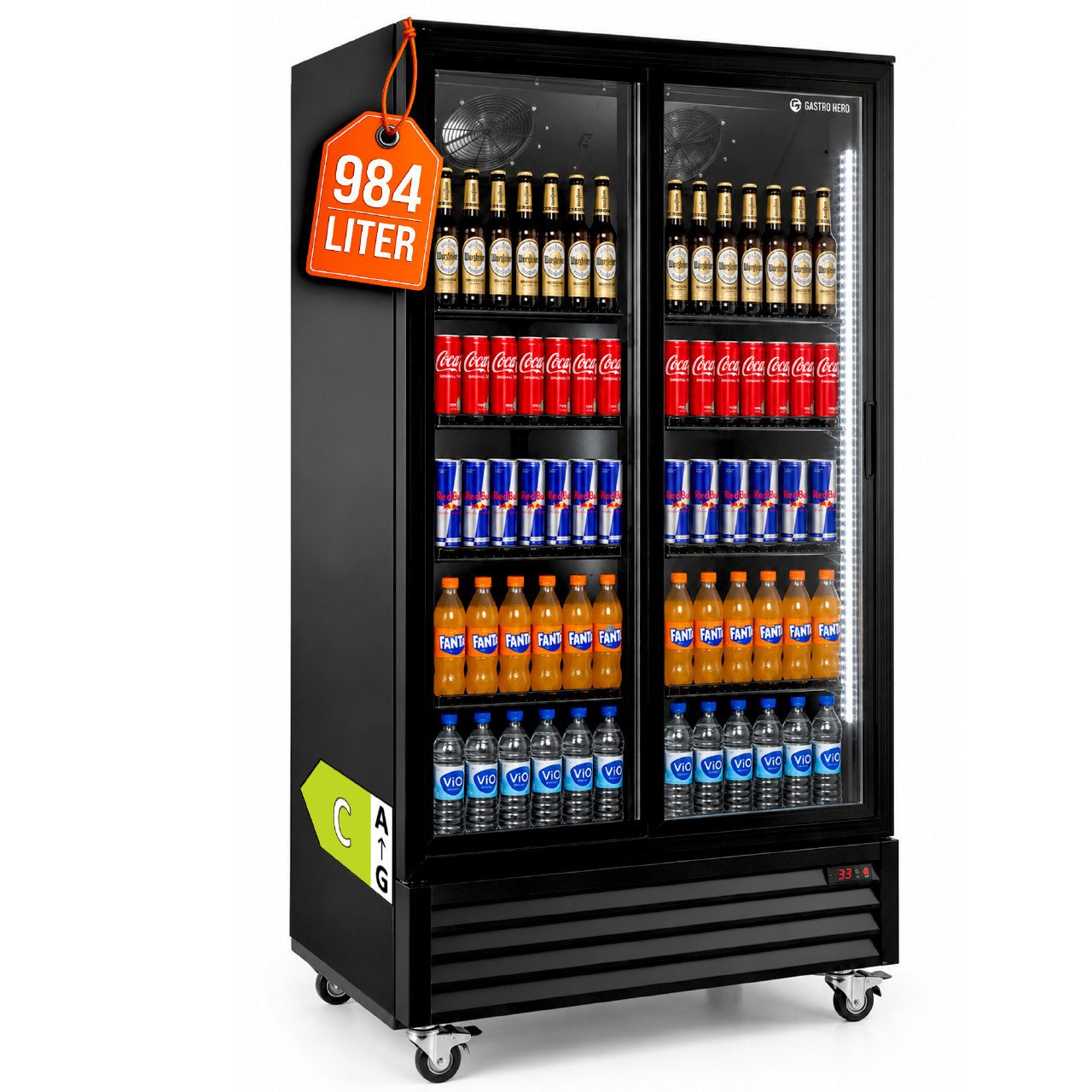 GastroHero Getränkekühlschrank Flaschenkühlschrank 984 Liter Schiebetüren LED schwarz Gastro GKSE1000ST, 209.5 cm hoch, 113 cm breit, Digitale Anzeige, 4 Rollen (2 gebremst), 1,25 m² Präsentationsfläche