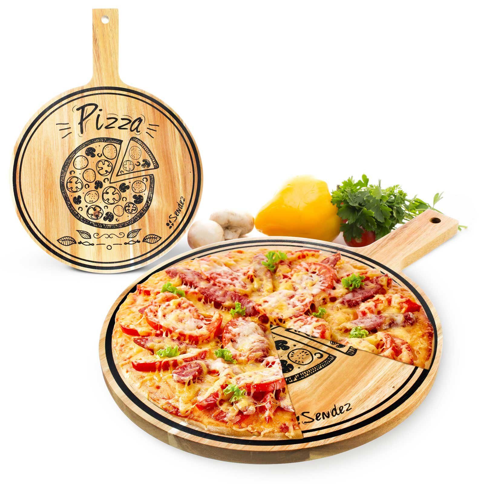 Sendez Pizzaschneidebrett Pizzabrett mit Griff und Aufdruck ø30cm Holzbrett Pizzateller