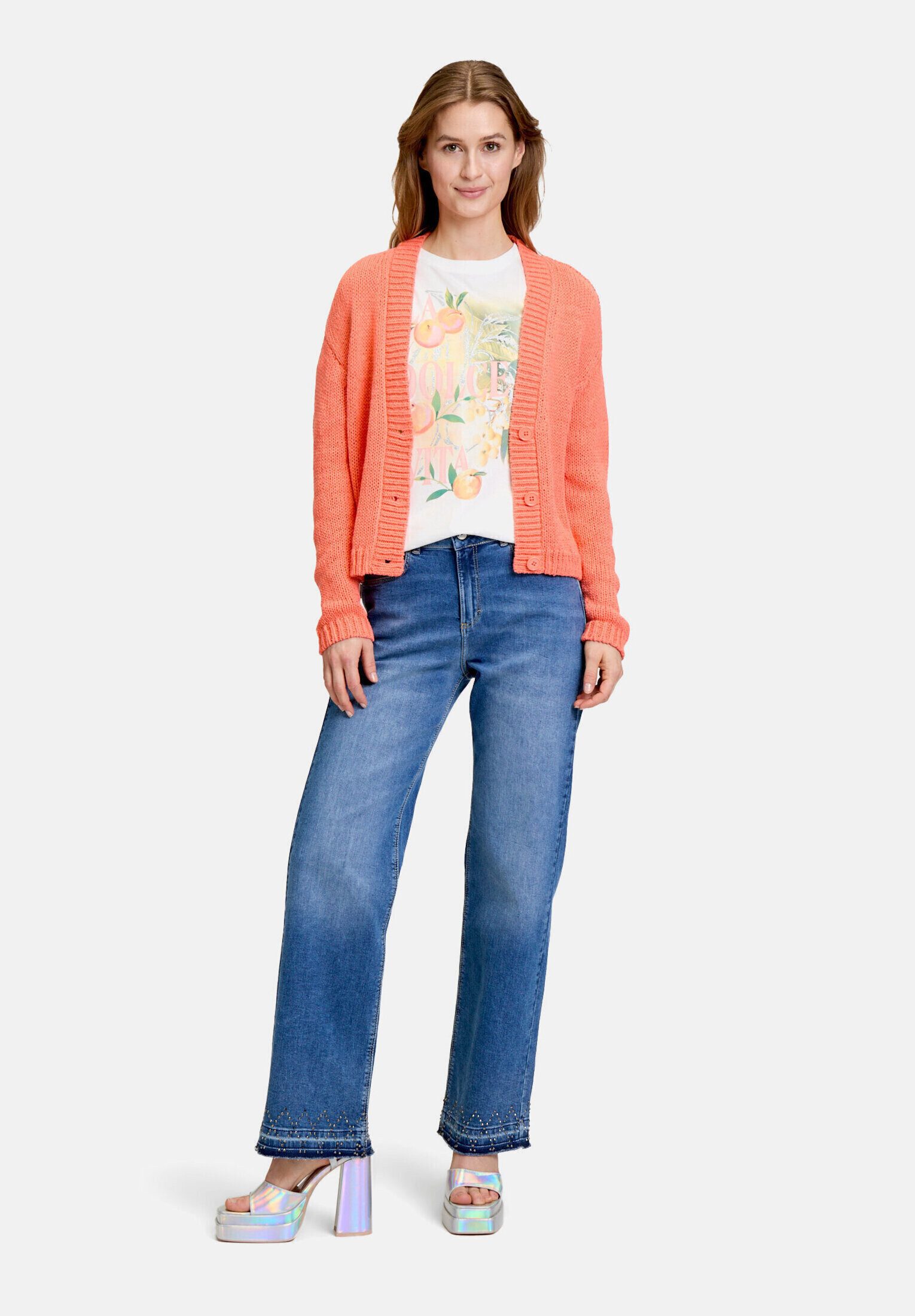 Cartoon Strickjacke Damen mit V-Ausschnitt (1-tlg) Rippbündchen