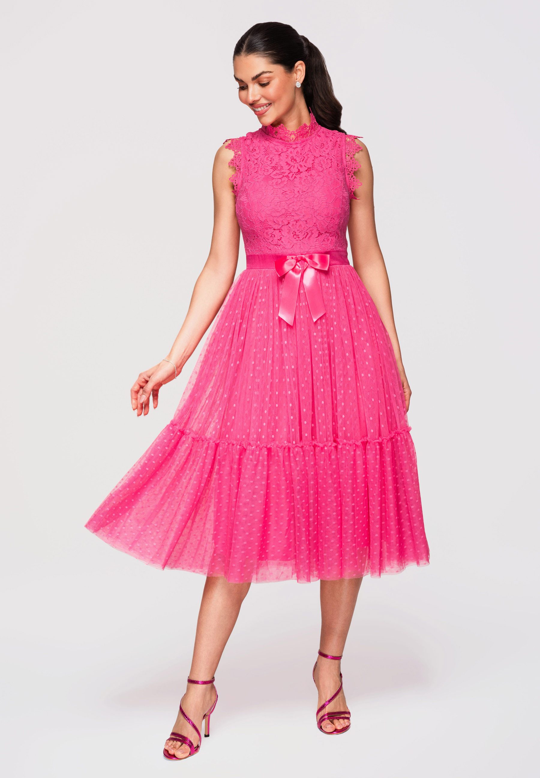 OMBRE Abendkleid Damen Midikleid Spitze A-Linie Cocktailkleid Fuschia S (kein Set, 1-tlg) Koronkowa góra, dół z siatki