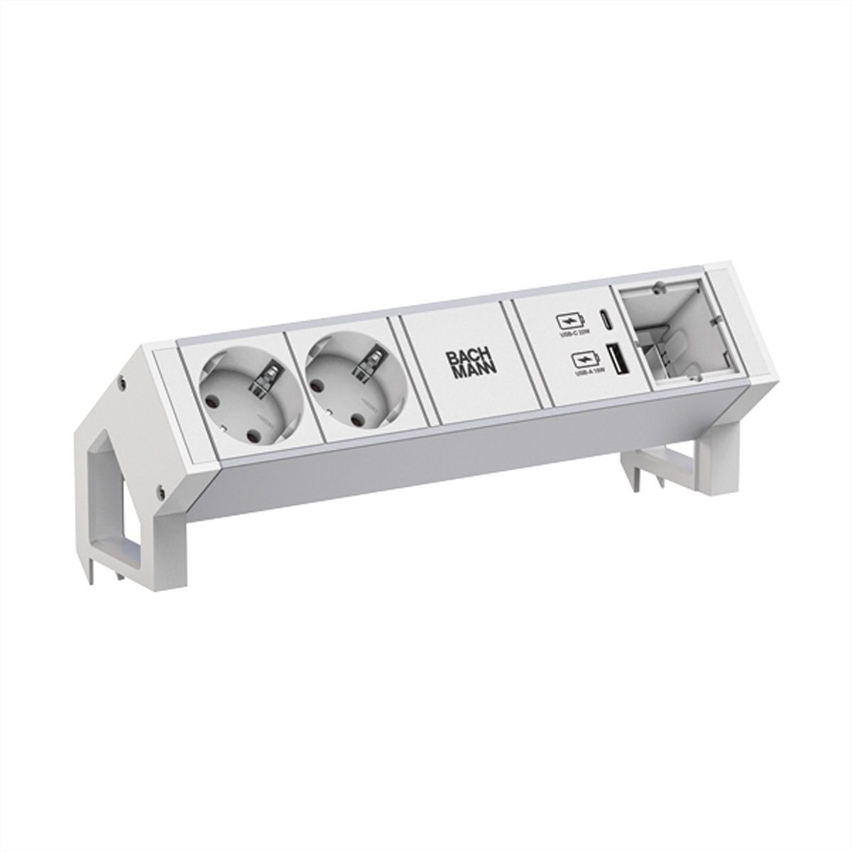 Bachmann DESK2 ALU WHITE 2xCEE7/3 1xCM 1xUSB A/C 22W 0,2m GST18 Steckdosenleiste (Kabellänge 0.2 m), 937.413