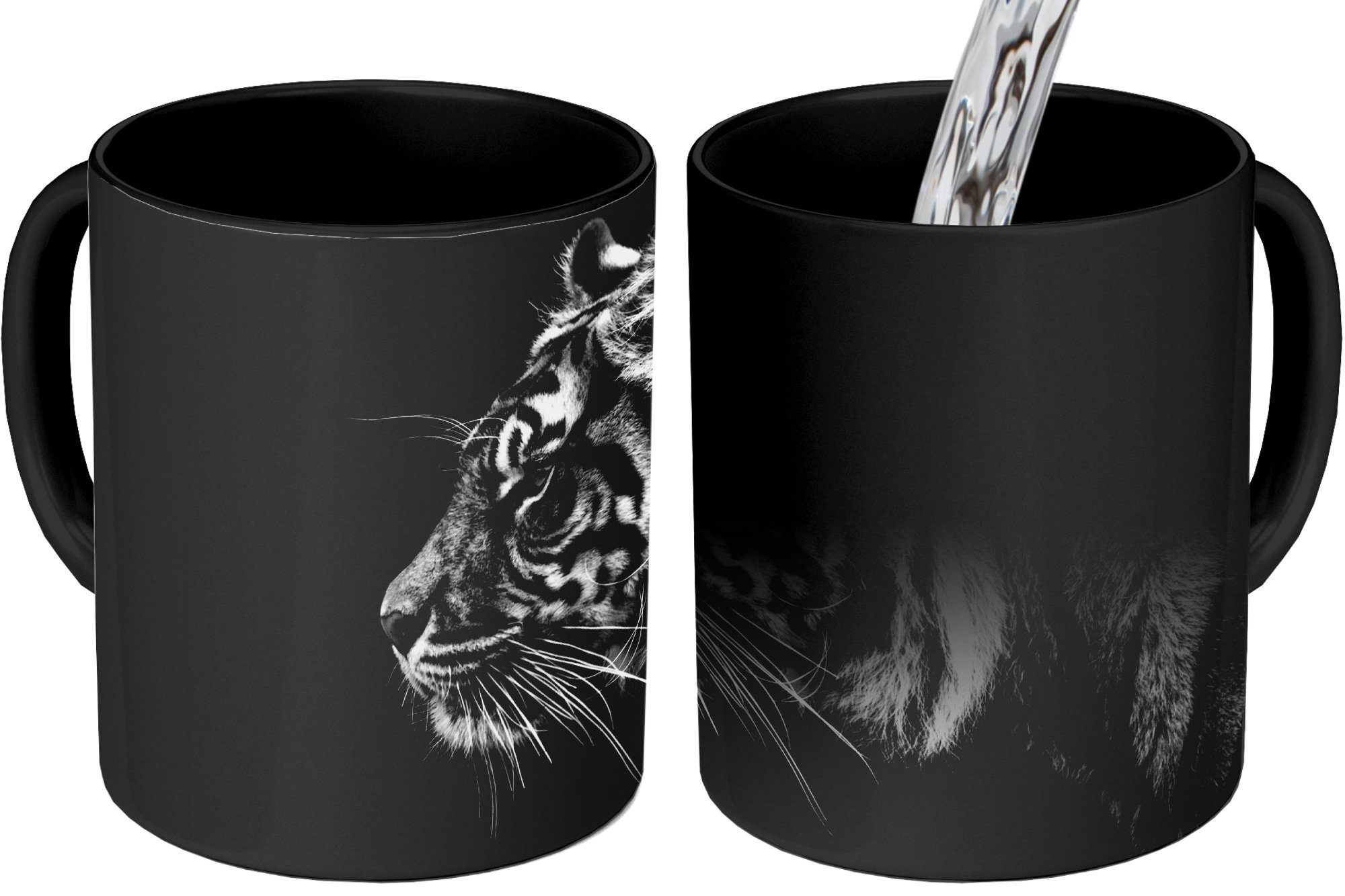 Tasse auf Geschenk Zaubertasse, Kaffeetassen, in schwarz weiß, schwarzem Teetasse, Hintergrund und Tiger MuchoWow Keramik, Farbwechsel,