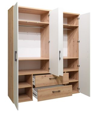 möbelando Kleiderschrank Cindy (BxHxT: 155x188x51 cm) in asteiche / weiß matt lack mit 2 Schubladen und 4 Türen