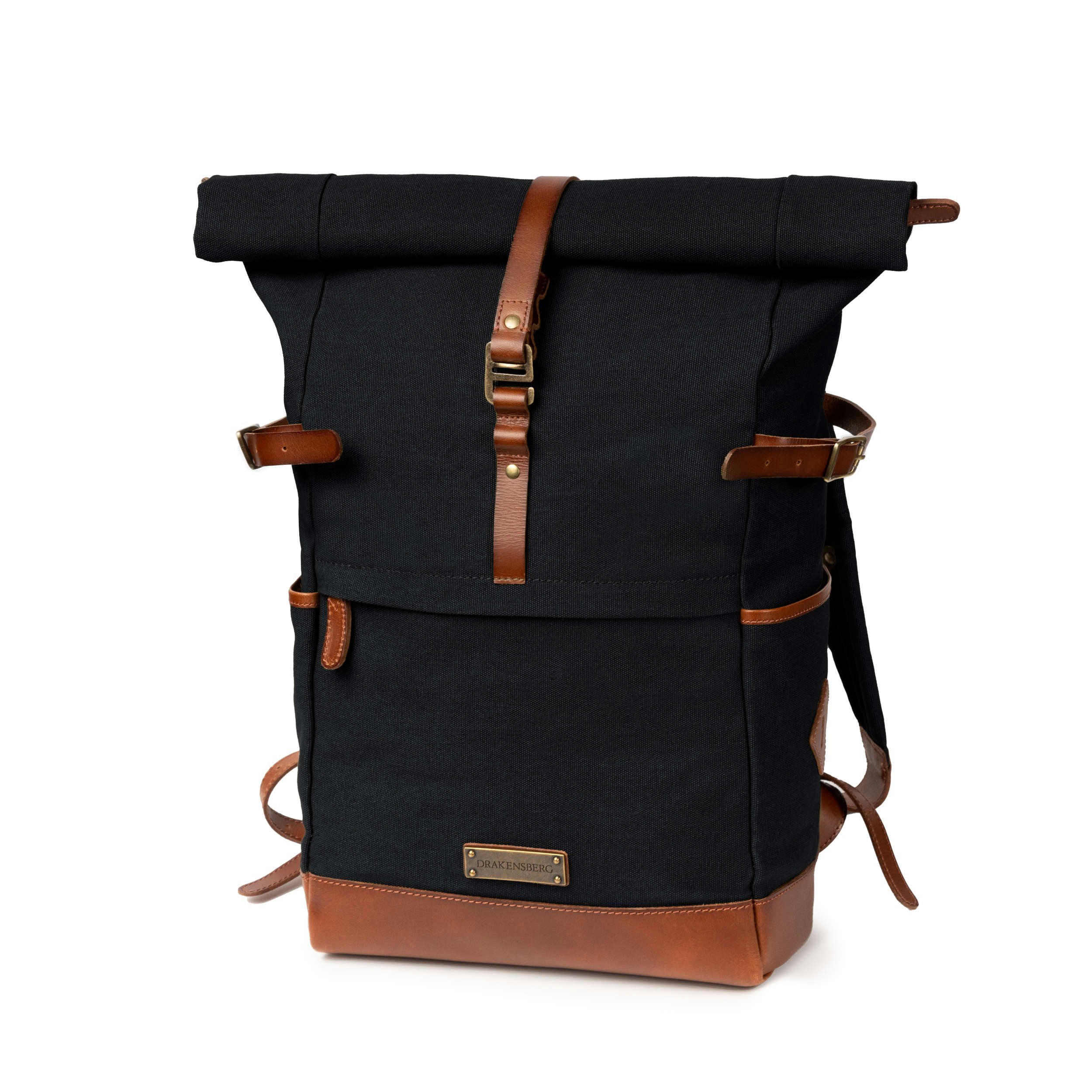 DRAKENSBERG Rucksack Roll-Top »Wyatt« Schwarz, markanter Herren Cityrucksack aus Canvas und Leder mit 15" Laptopfach | Rucksacktaschen