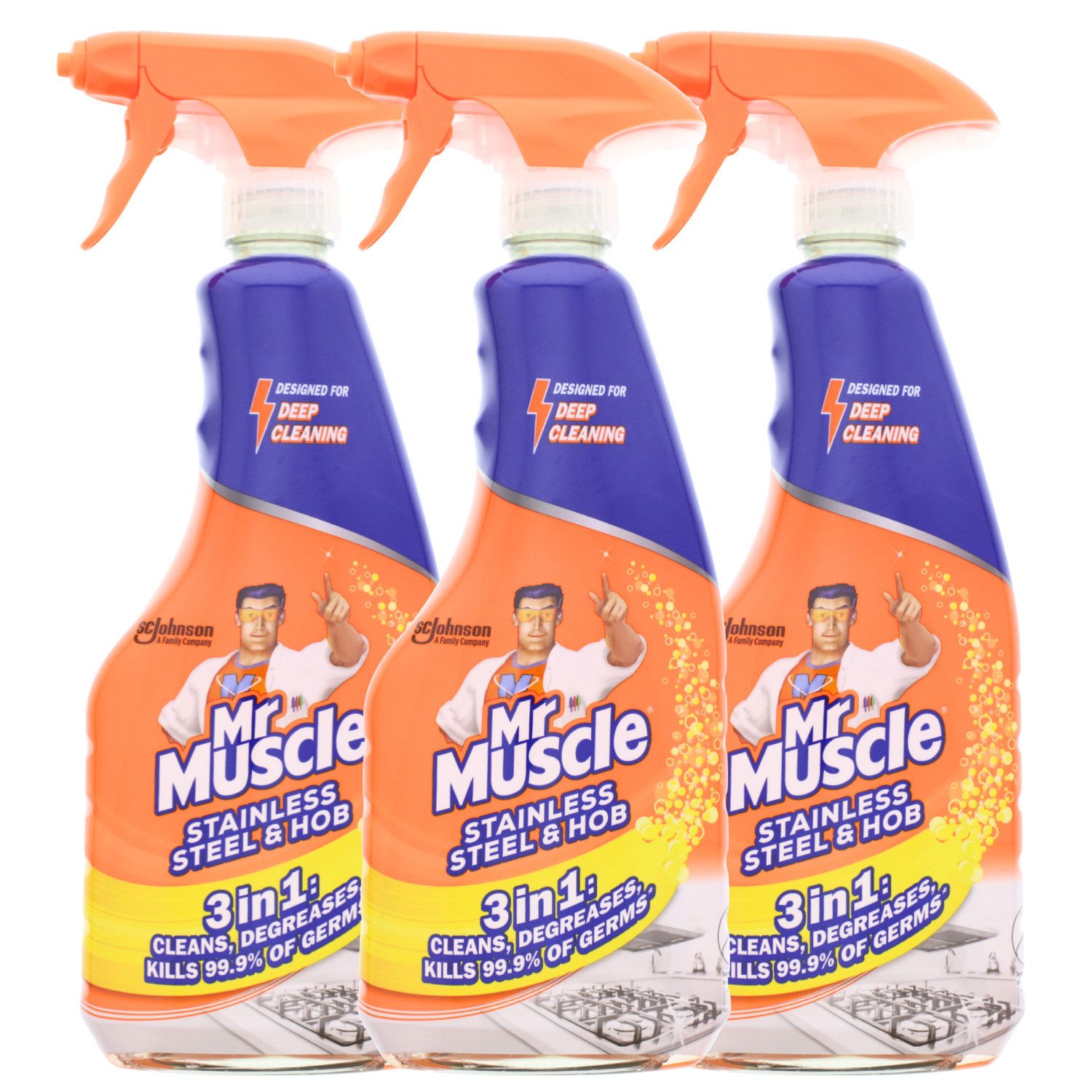 Mr Muscle 3 x Mr Muscle 3-in-1 Stainless Steel & Hob Küchenreiniger je 530ml Küchenreiniger