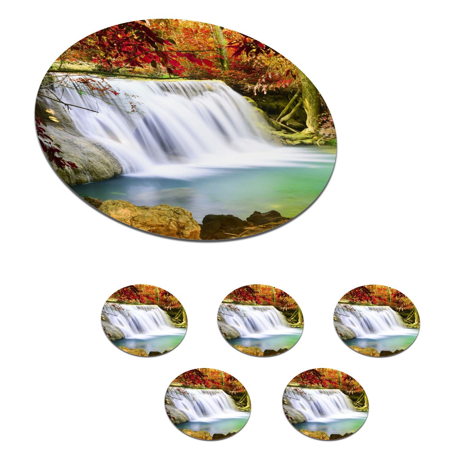 MuchoWow Glasuntersetzer Herbst - Wasserfall - Natur, Zubehör für Gläser, 6-tlg., Getränkeuntersetzer, Tassenuntersetzer, Korkuntersetzer, Tasse, Becher