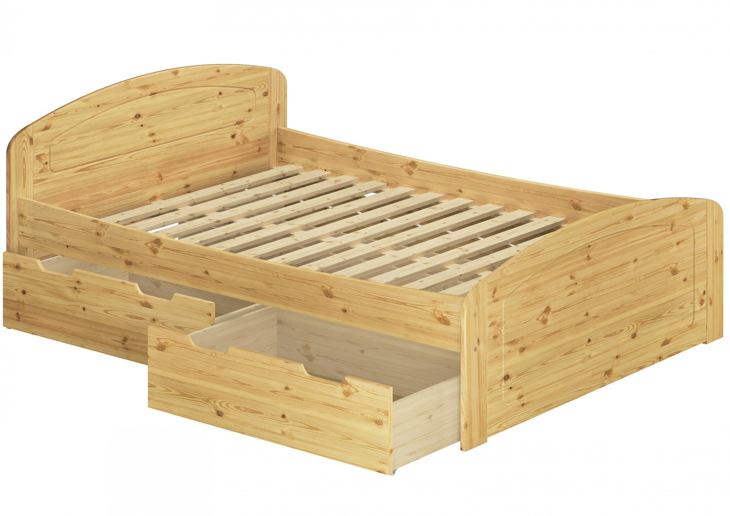 ERST-HOLZ Bett Funktionsbett 140 x 200 Kiefer Massiv mit Rost und 3 Staukästen, Kieferfarblos lackiert