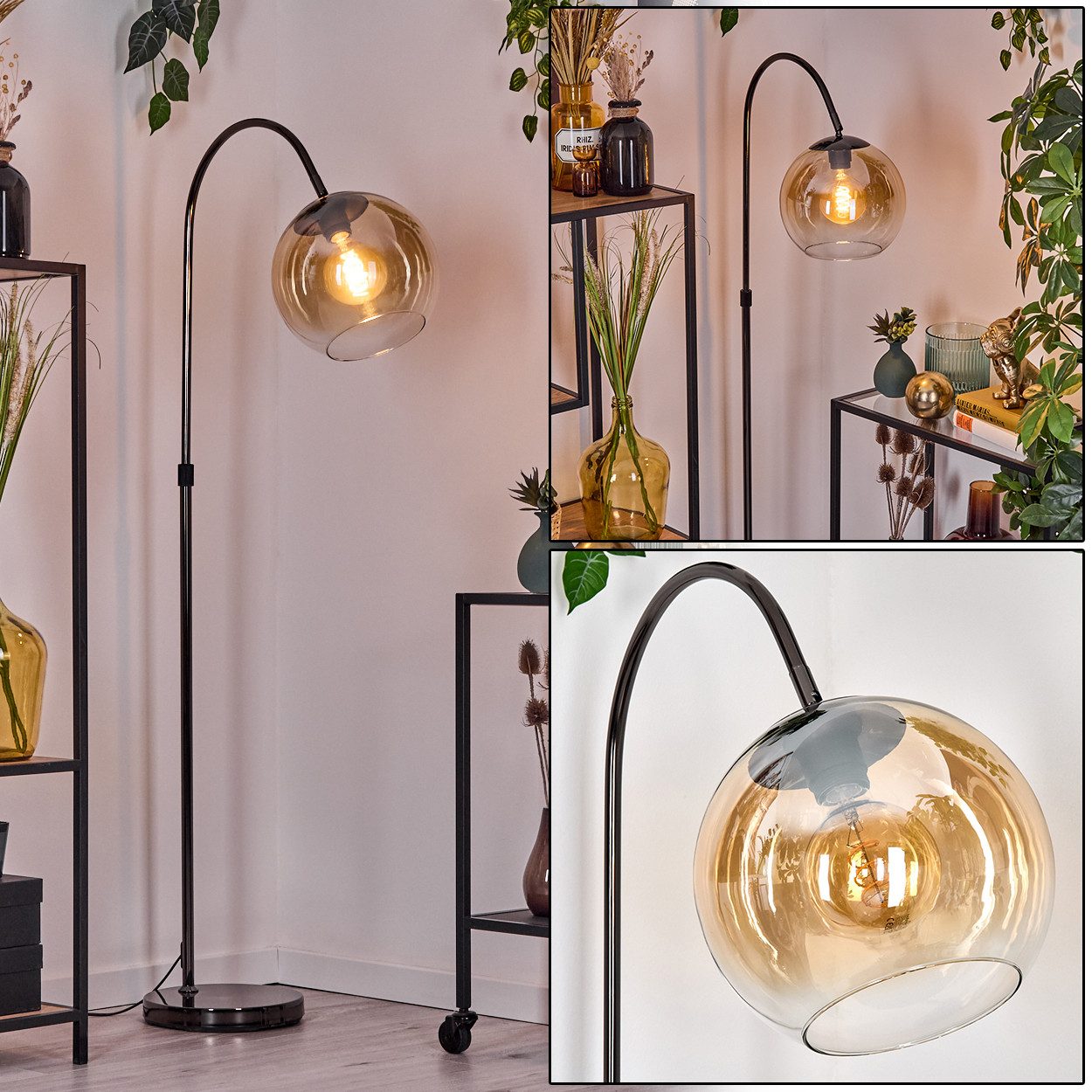 Stehlampe Stehlampe Metall/Glas in Schwarz/Chrom/Bernstein/Klar im Retro-Design