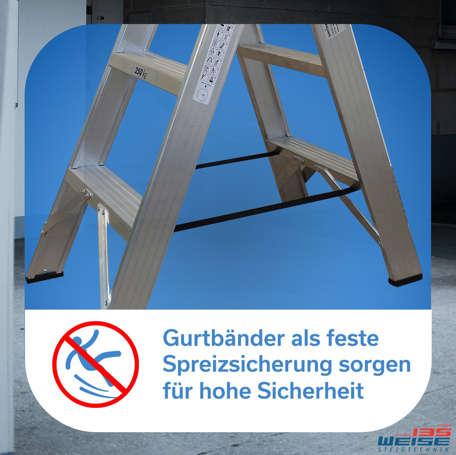 Weise Steigtechnik Trittleiter beidseitig begehbare Industrie Stufen-Stehleiter inkl. Deckstufe (max. 250 kg, 1-St., 7 Stufen), trittsichere & geriefte Stufen, klappbare Trittleiter mit Gurtbänder