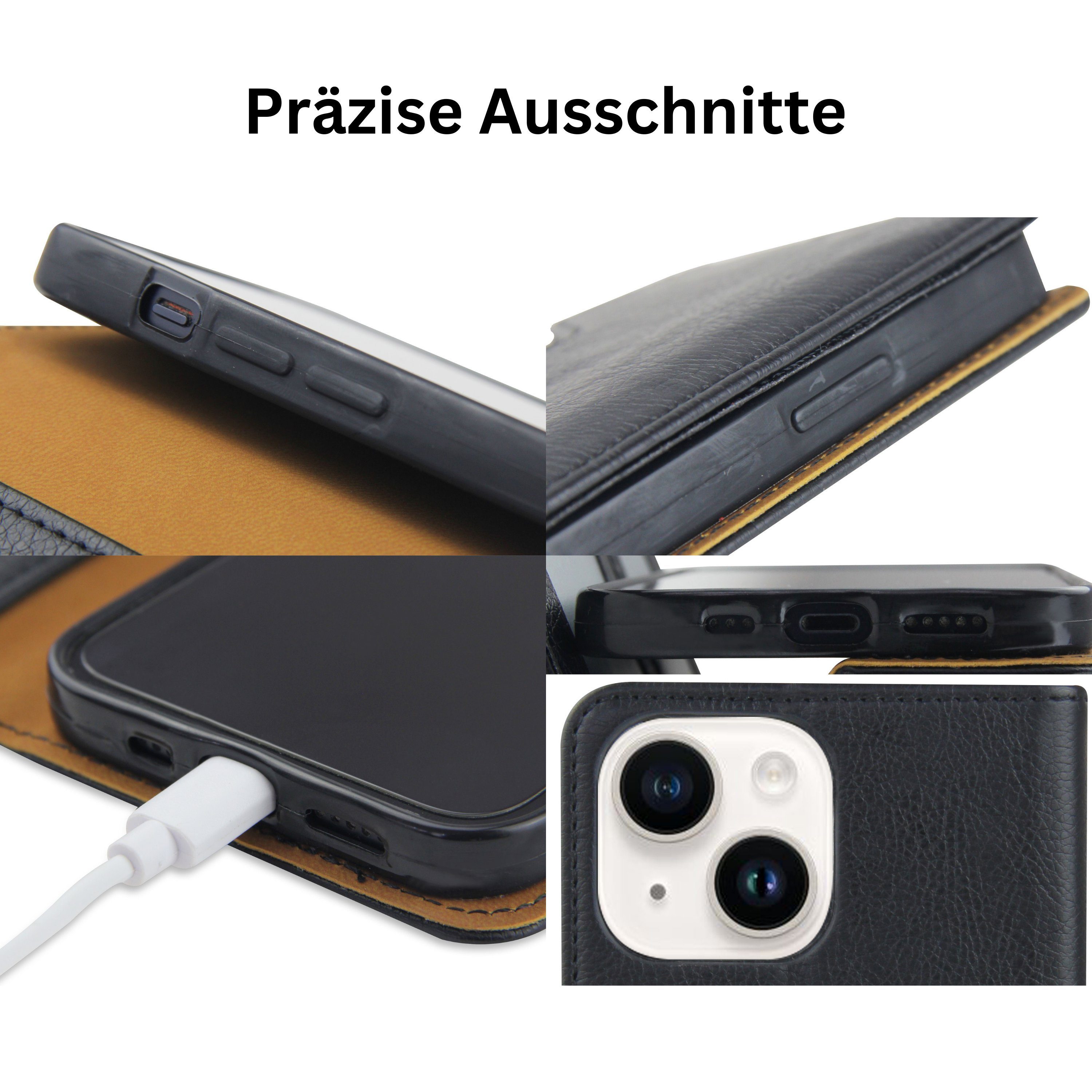 Frentree Handyhülle aus echtem Leder für iPhone 12, 13, 14, Magnetverschluss mit 4 Kartenfächern & 2 Sichtfenstern, Handy-Ständer