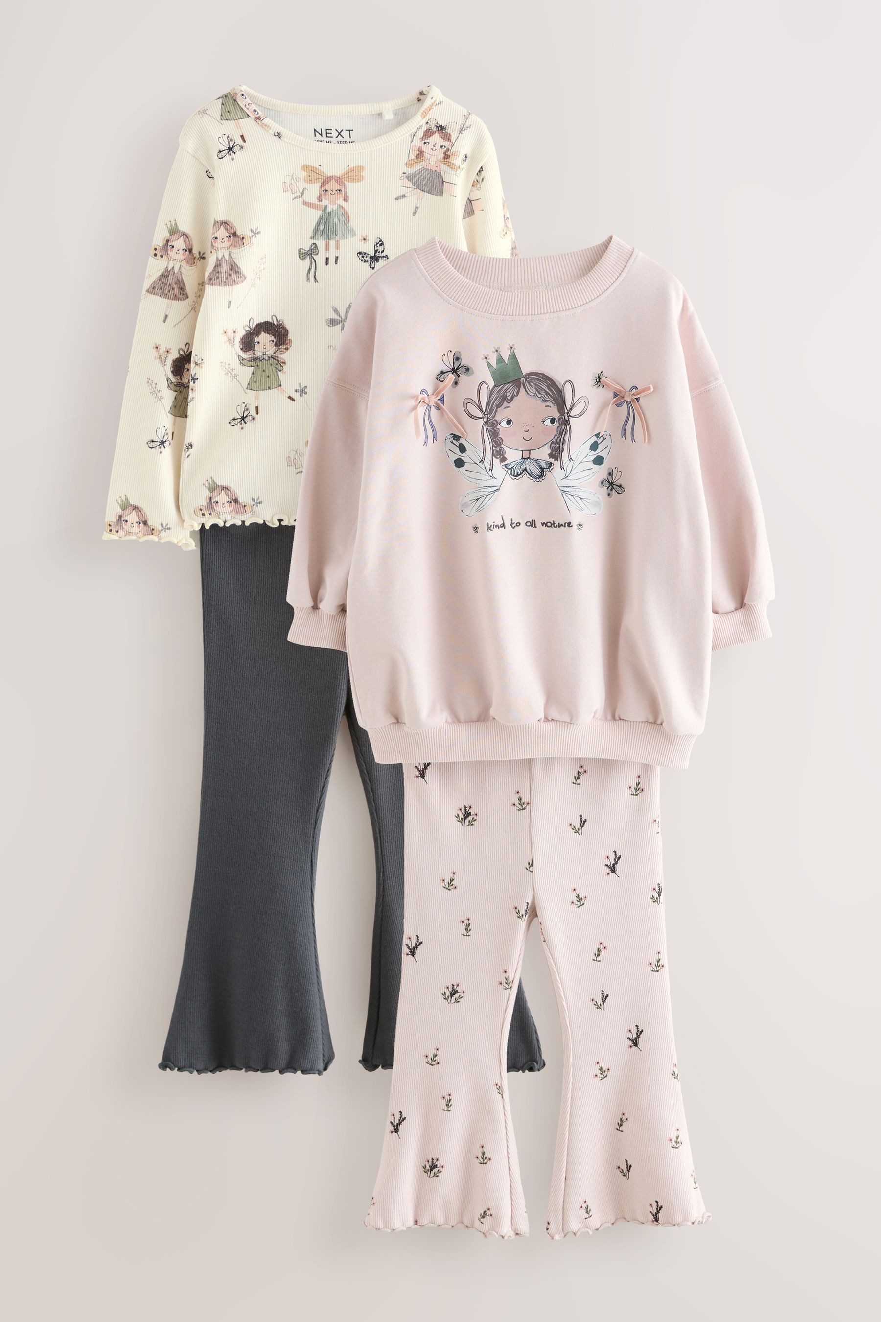 Next Langarmshirt & Leggings Top and ausgestellte Leggings Set im 2er-Pack (4-tlg)