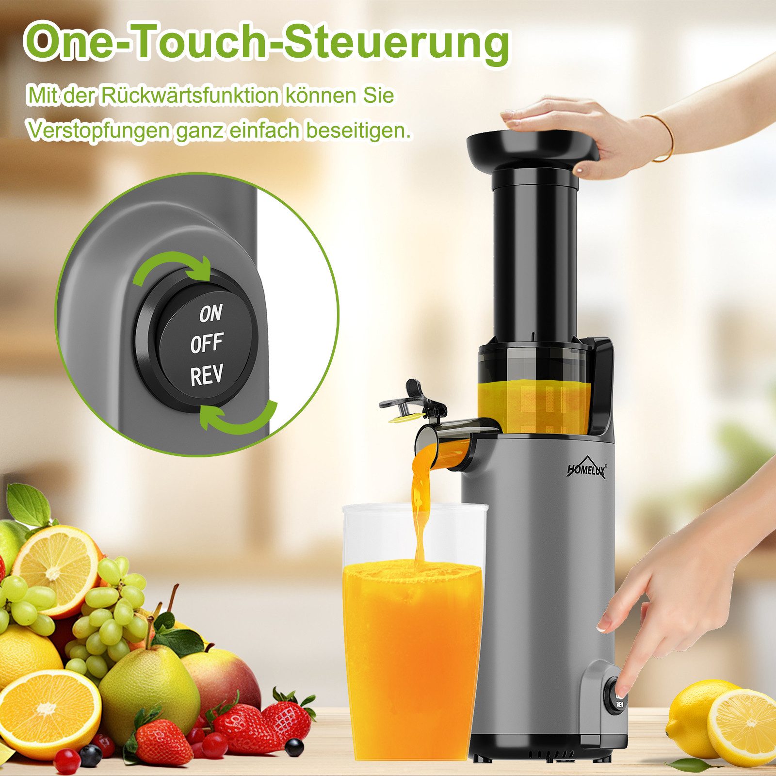 HOMELUX Slow Juicer Kleiner Entsafter Sicherheitsverriegelung, Mini, kompakt, 120 W, Geräuscharm, mit Easy-Clean Konzept, 120 W – Bild 5 von 5