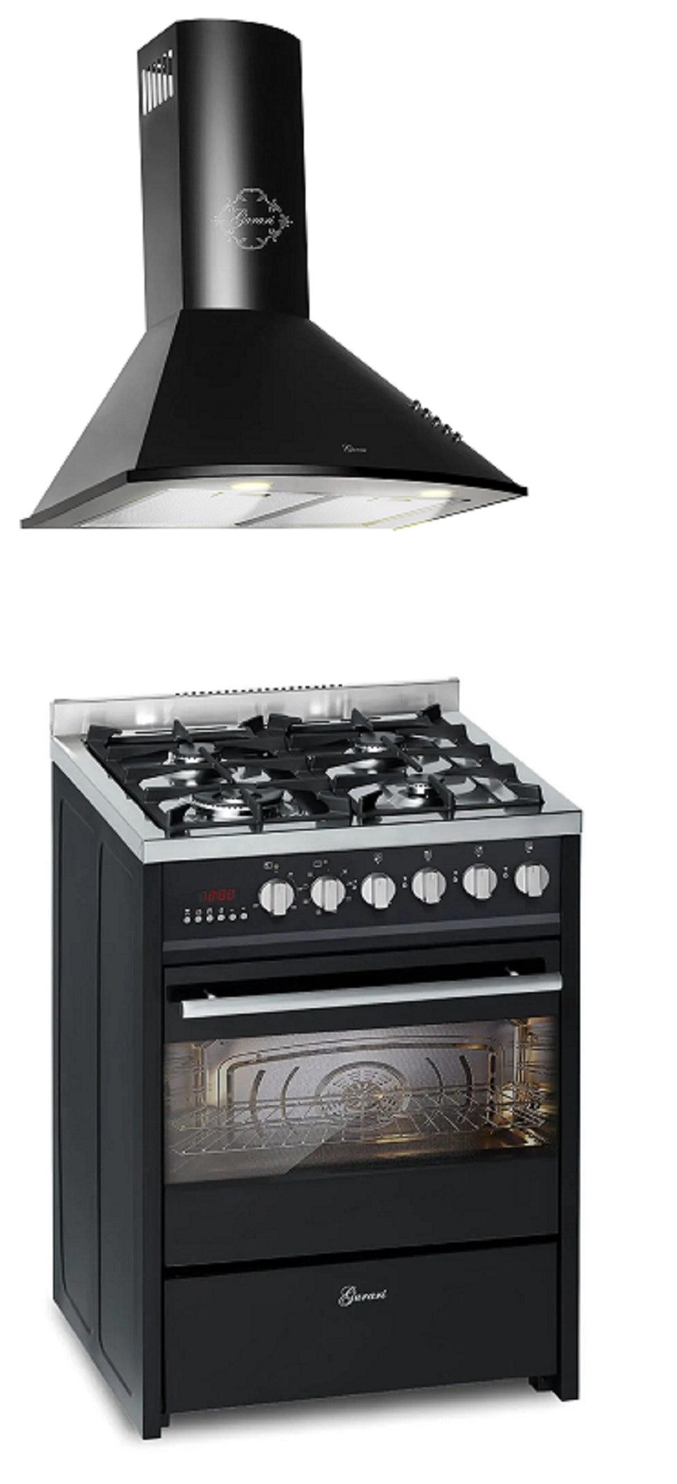 GURARI Gas-Standherd 60 cm Schwarze Gasherd mit Elektrobackofen 60 L, Erdgas/Propangas, 4 Kw, WOK, Range Coocker mit Dunstabzugshaube 60 cm, Schwarz, Saugstark 1000m³/h, 3 Stufen GCH E 610 BL+GCH 046 BL 6., mit 1-fach-Teleskopauszug, Gas Elektro Standherd 60 cm Erdgas, Fl.Gas 4 Kw WOK, 60 L