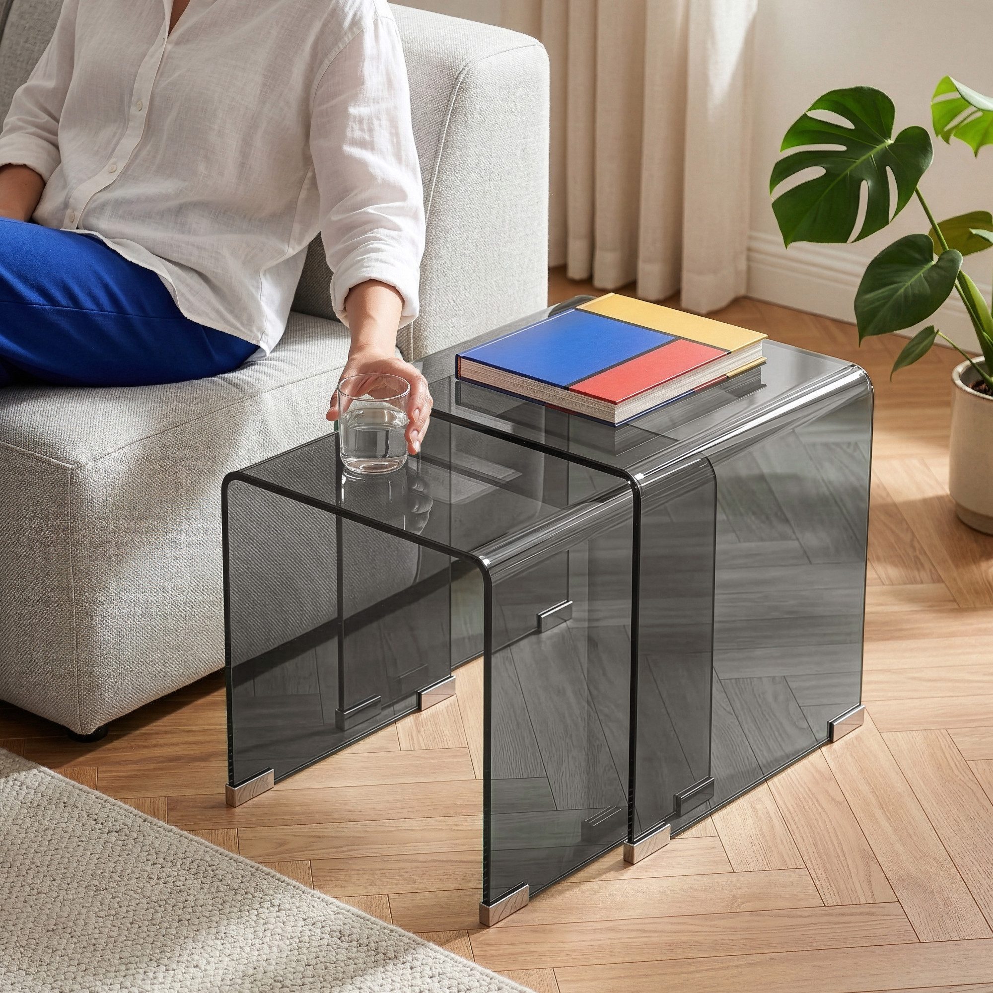 en.casa Satztisch, »Kariengem« 2-tlg. Couchtisch-Set Glastischen Grau