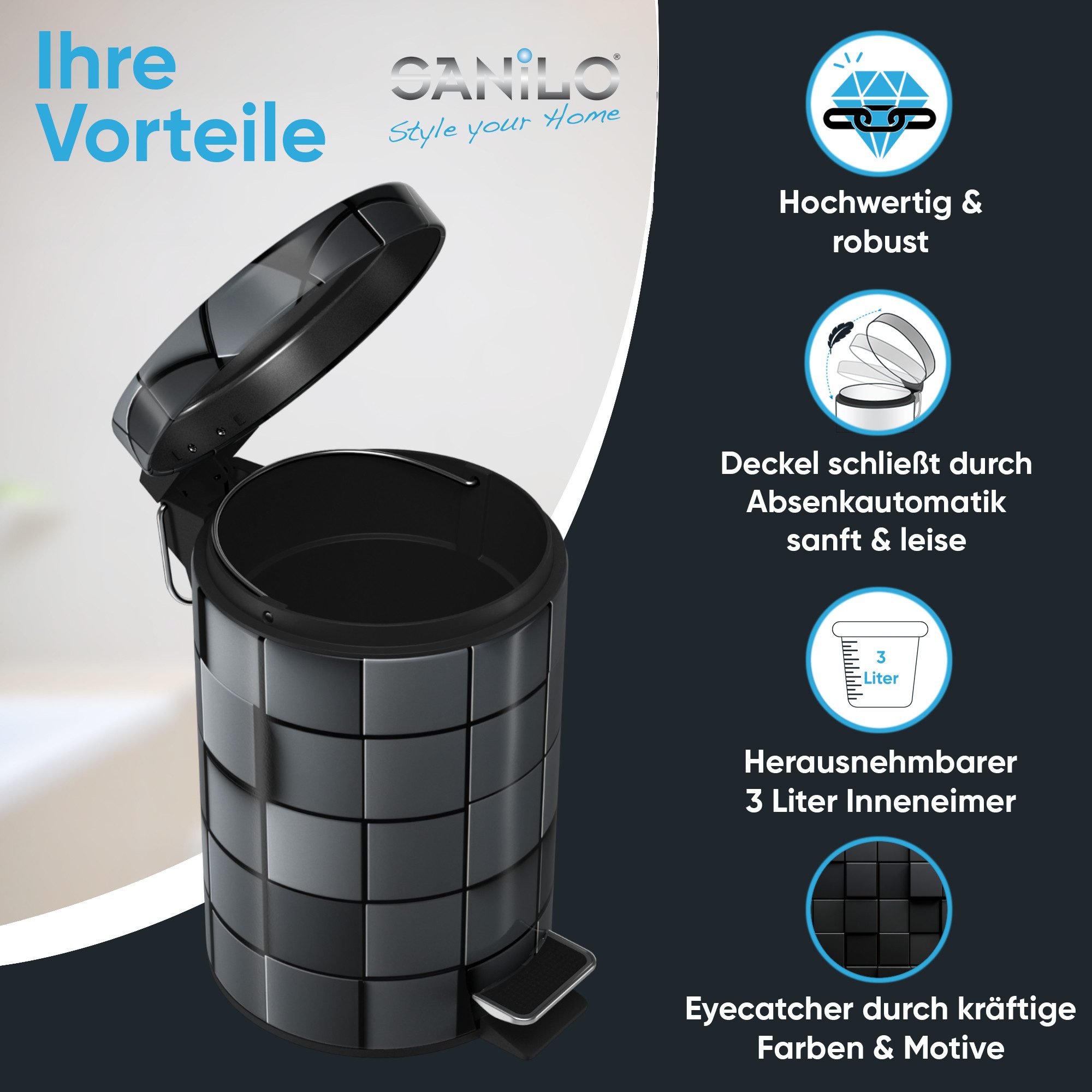 Sanilo Kosmetikeimer mit Motiv, viele schöne Bad Mülleimer zur Auswahl, 3 Liter, Abfalleimer mit Absenkautomatik & Innenbehälter