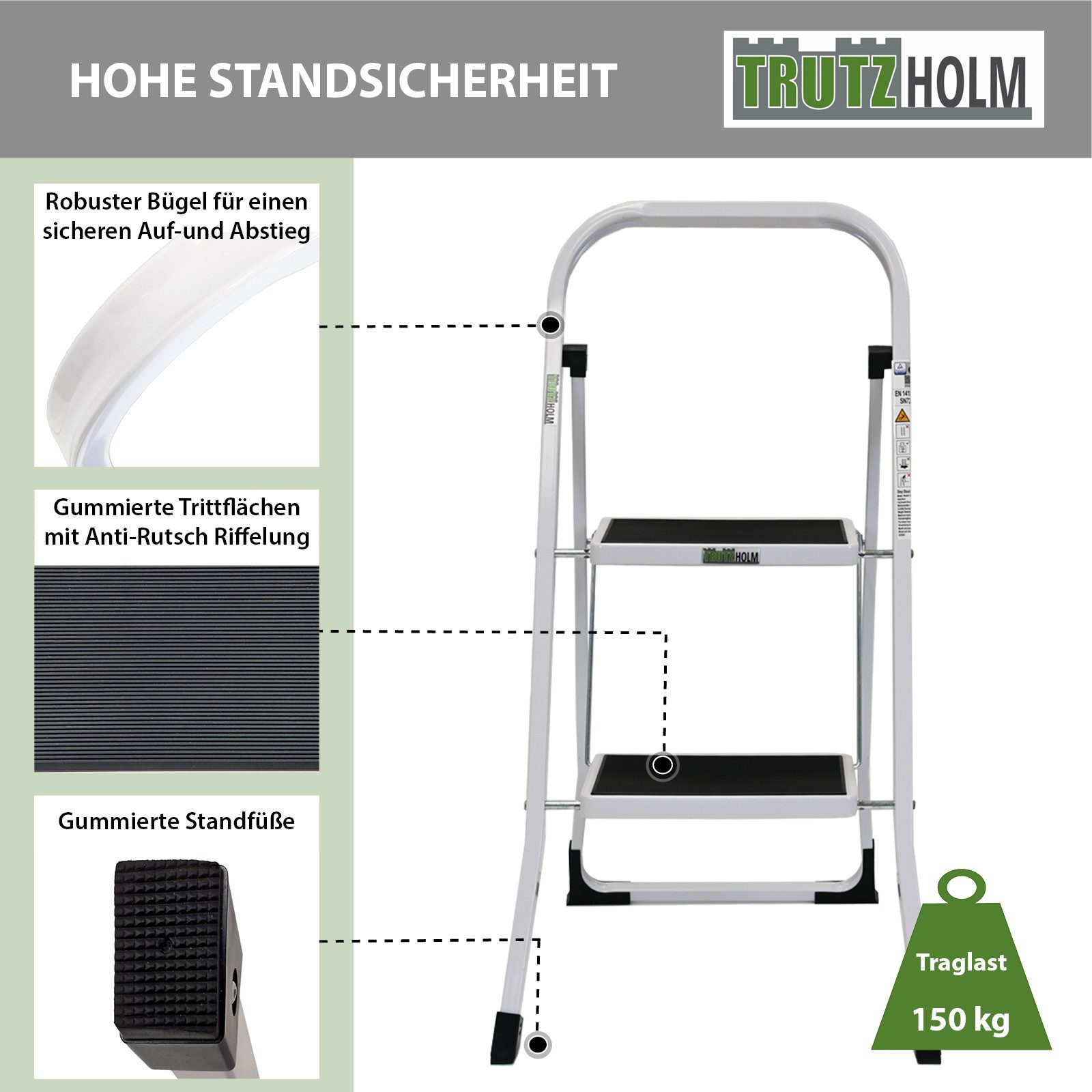 TRUTZHOLM Klapptritt Trittleiter 2 Stufen klappbar TÜV/GS 150 kg Anti-Rutsch Leiter in weiß – Bild 4 von 5