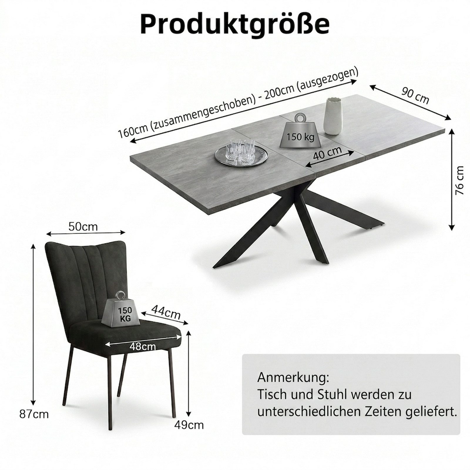 Jiexi Essgruppe Tisch-und Stuhlset, Ausziehbarer Esstisch (160–200 cm) mit 6-8 Stühlen