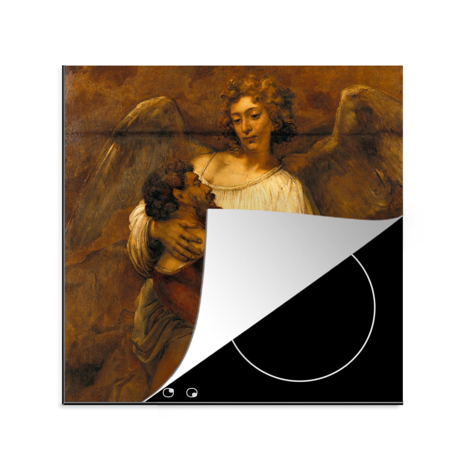 MuchoWow Herdblende-/Abdeckplatte Jakob im Ringkampf mit einem Engel - Gemälde von Rembrandt van Rijn, Vinyl, (1 tlg), 78x78 cm, Ceranfeldabdeckung, Arbeitsplatte für küche