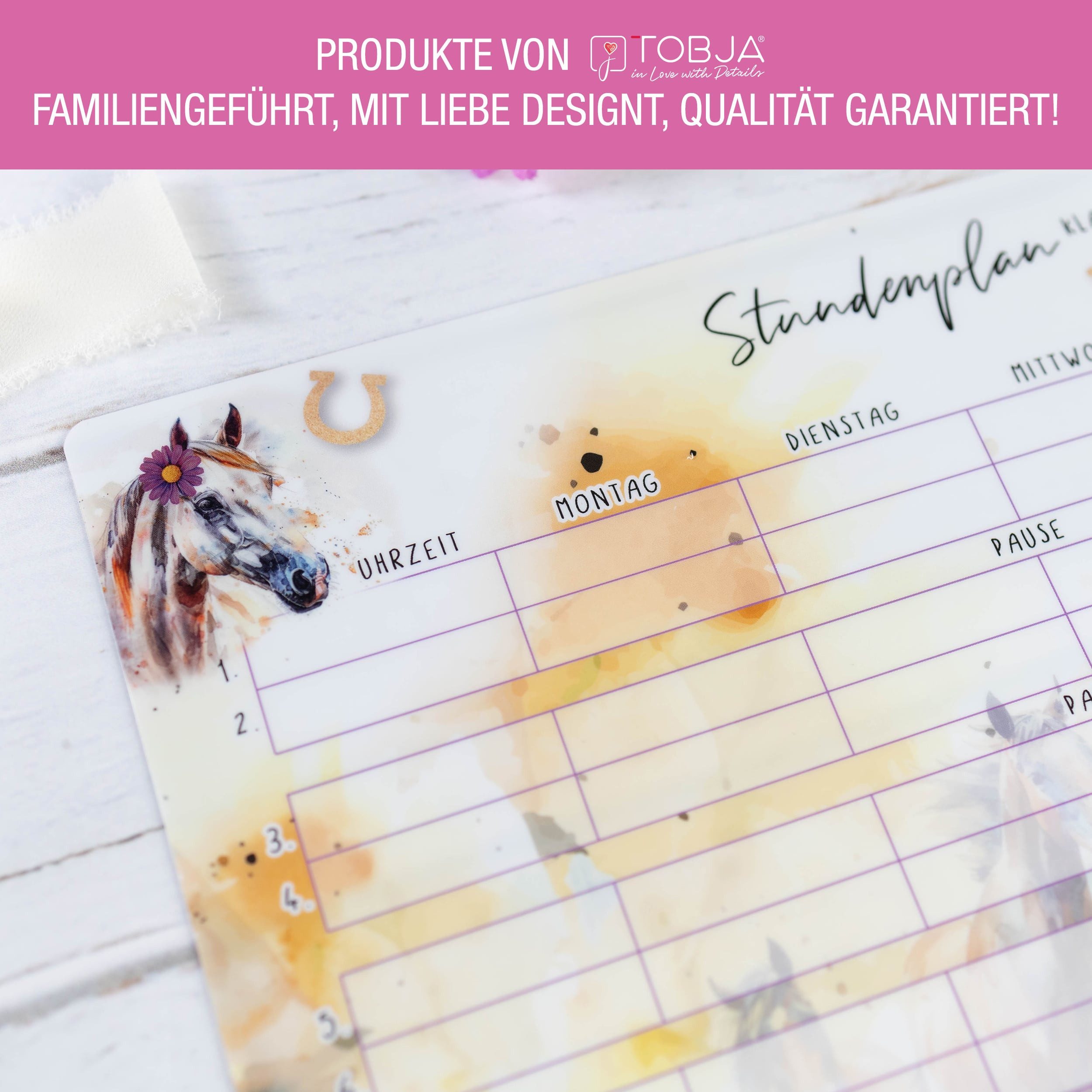 TOBJA Wandtafel Stundenplan Pferde Grundschule Mädchen, abwischbar selbsthaftend inkl. Stift Schulanfang Schultüte