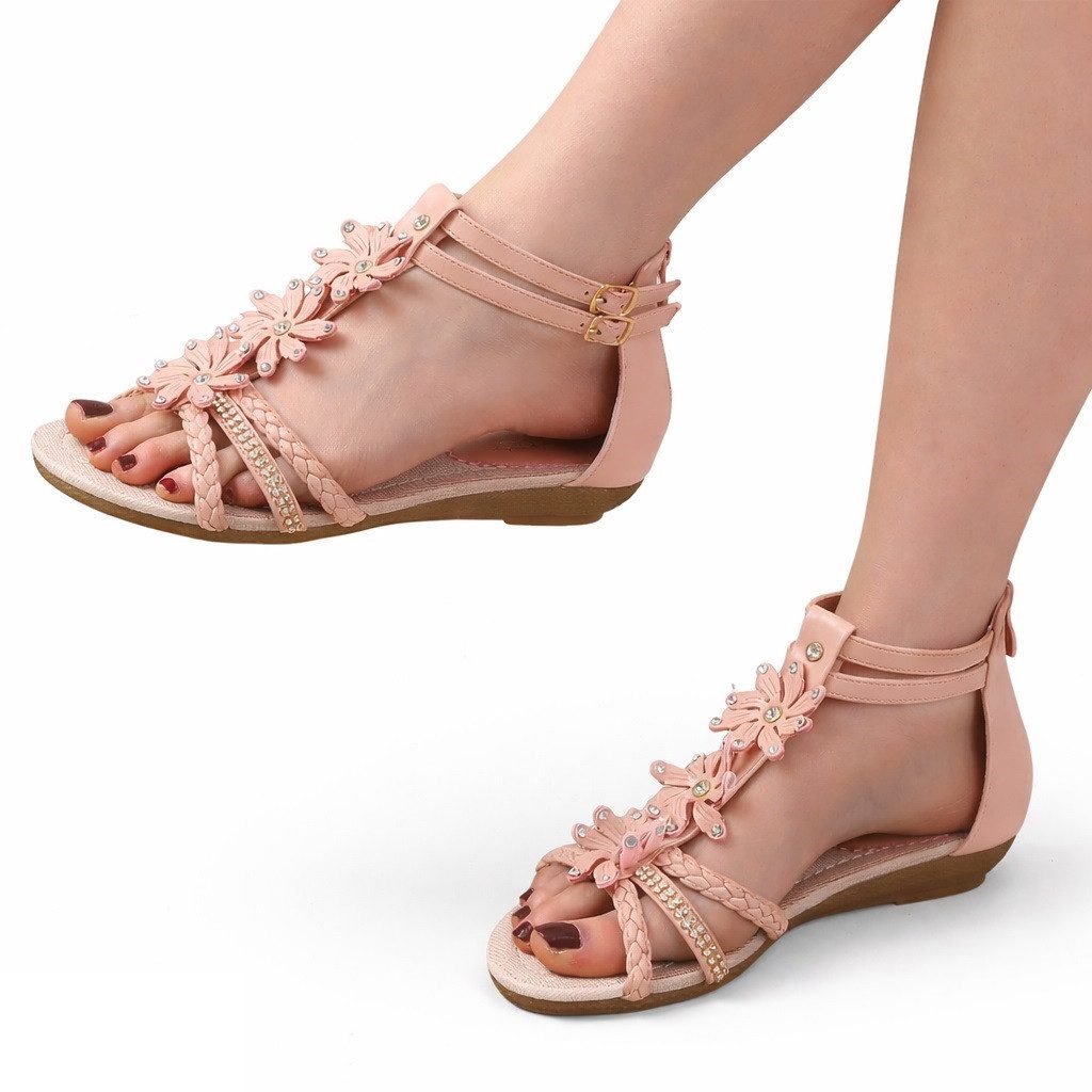 Pogolino ST98 Riemchensandale Damen Sandalen mit Glitzer und Blumen T-Riemen