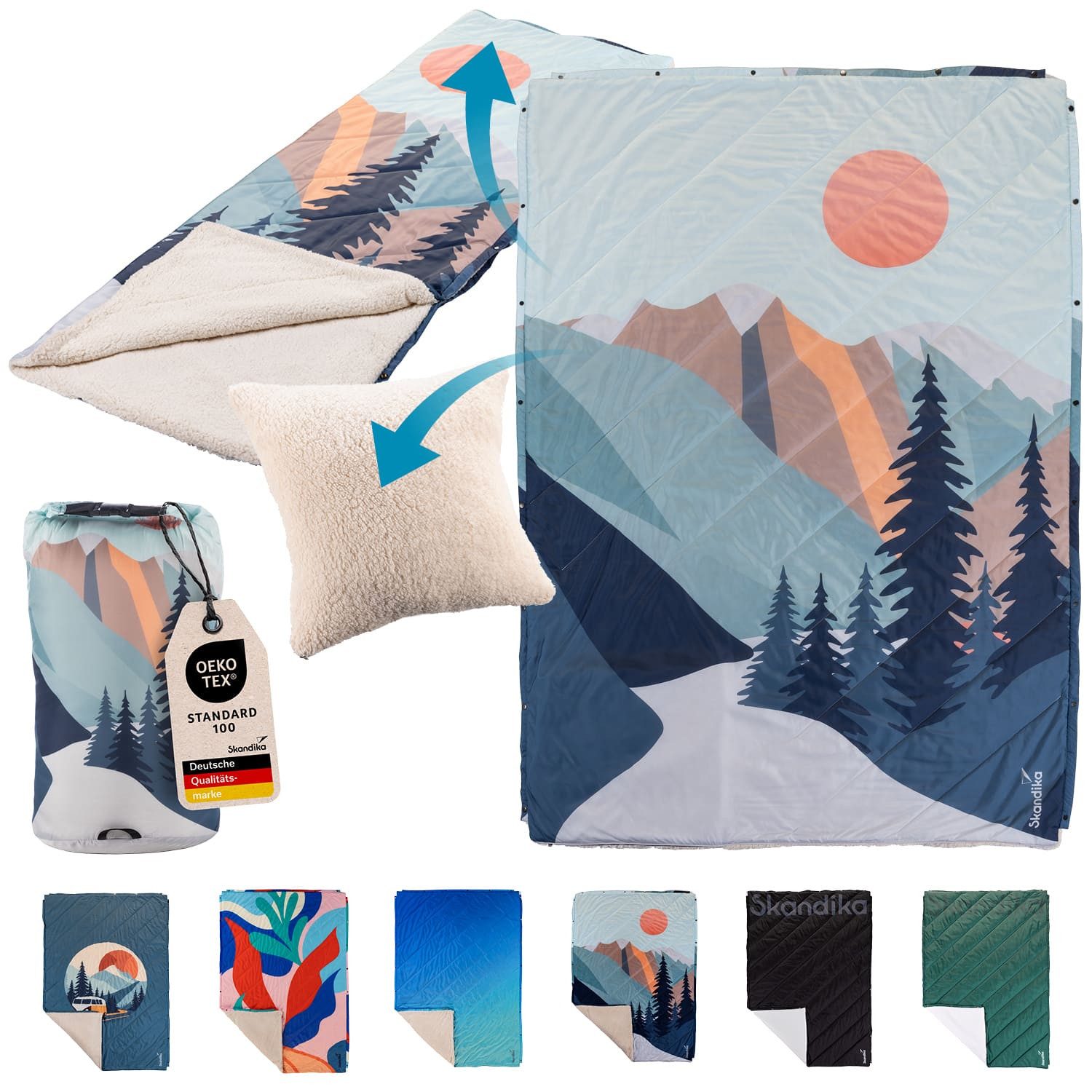 Skandika Deckenschlafsack Campingdecke Liva, 4-in-1, Outdoor Decke, 200x135cm, Überwurf, Kissen, mit Teddyfell Unterseite, Polyester, wasserdicht