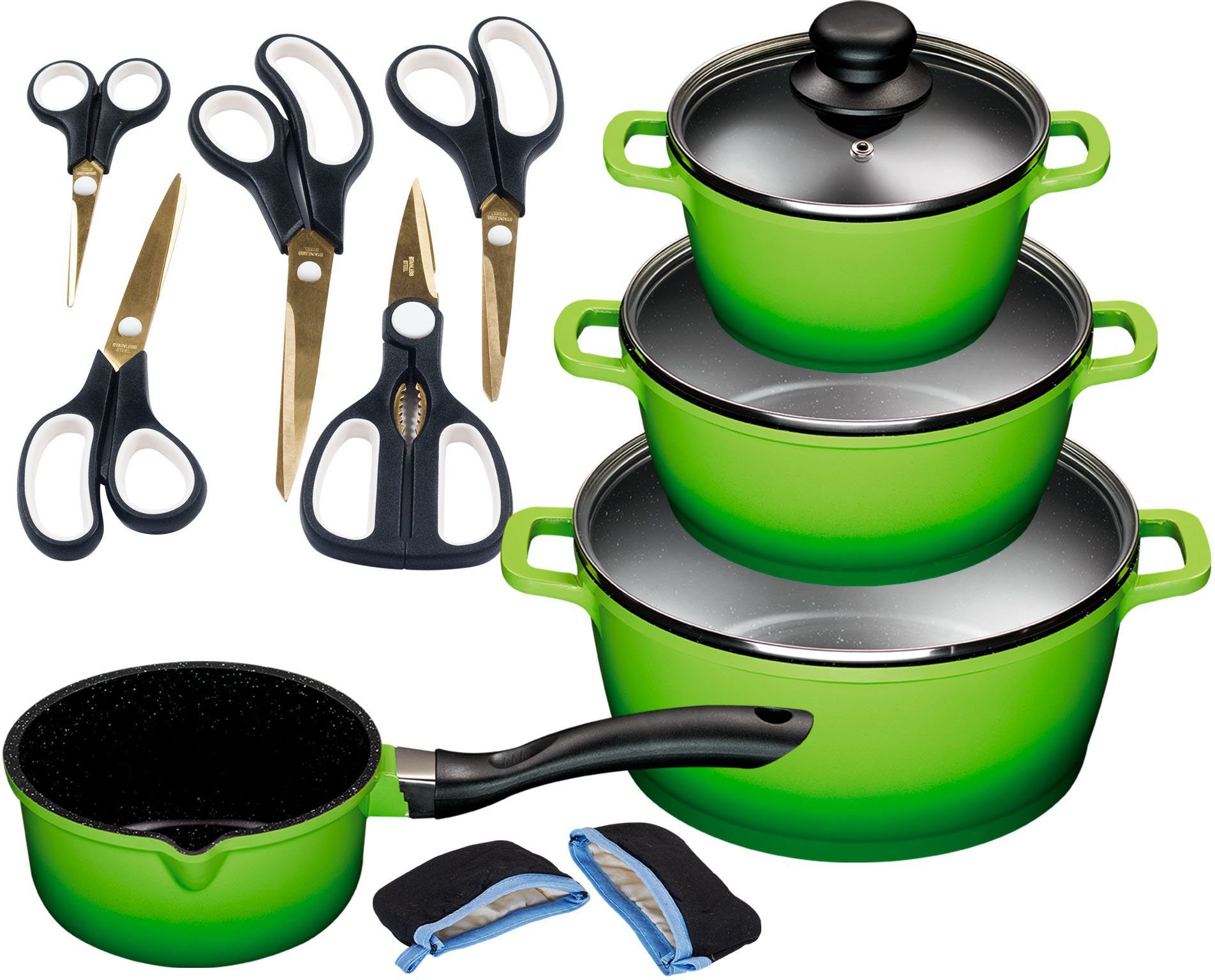 KING Topf-Set ALUGUSS, Aluminiumguss (Set, 14-tlg., je 1 Kochtopf 16/20/24 cm, 1 Stieltopf 16 cm, Scheren-Set, Grips), Glasdeckel,Keramikantihaftbeschichtung,Induktion